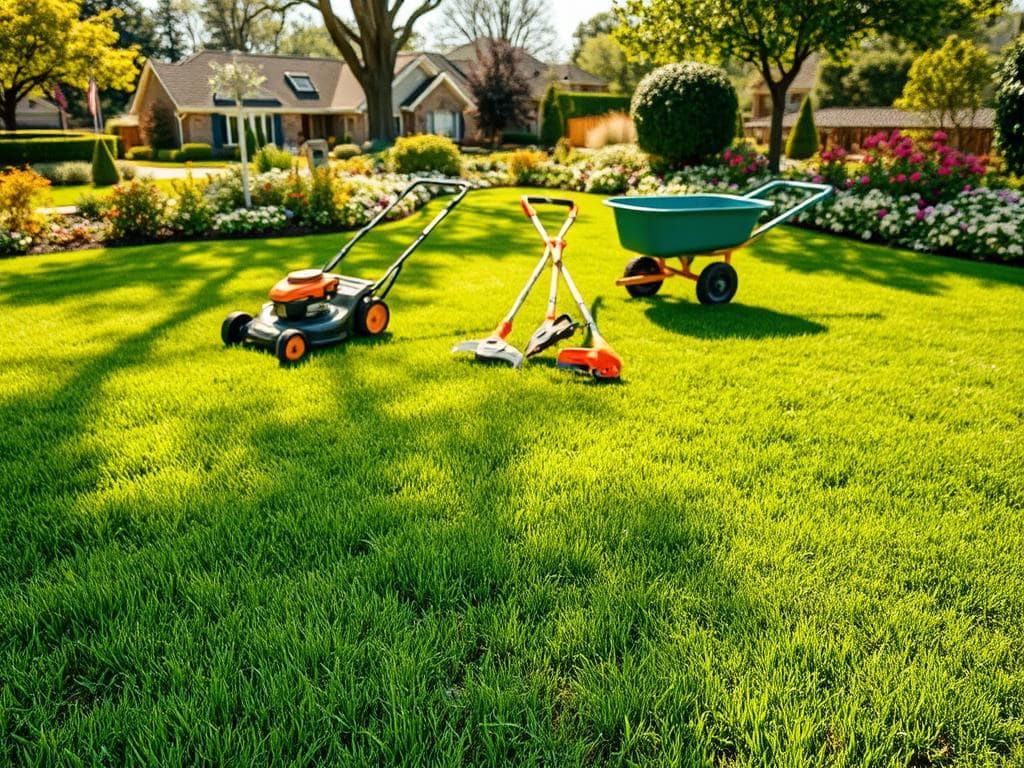 A lush, well-maintained lawn in the foreground displays various textures of grass with a freshly mowed appearance, symbolizing optimal lawn care. In the middle ground, there are neatly arranged gardening tools like a lawn mower, trimmers, and a wheelbarrow, all in bright colors to signify maintenance activities. The background features a sunny suburban landscape, with manicured gardens and blooming flowers, adding vibrant colors. Soft sunlight filters through trees, casting gentle shadows on the lawn. The atmosphere is calm and inviting, evoking a sense of satisfaction derived from effective lawn care. The composition is shot with a slight aerial perspective, emphasizing the neatness of the lawn and tools without any human presence, creating a focus on the costs and maintenance of landscaping. A lush, well-maintained lawn in the foreground displays various textures of grass with a freshly mowed appearance, symbolizing optimal lawn care. In the middle ground, there are neatly arranged gardening tools like a lawn mower, trimmers, and a wheelbarrow, all in bright colors to signify maintenance activities. The background features a sunny suburban landscape, with manicured gardens and blooming flowers, adding vibrant colors. Soft sunlight filters through trees, casting gentle shadows on the lawn. The atmosphere is calm and inviting, evoking a sense of satisfaction derived from effective lawn care. The composition is shot with a slight aerial perspective, emphasizing the neatness of the lawn and tools without any human presence, creating a focus on the costs and maintenance of landscaping.