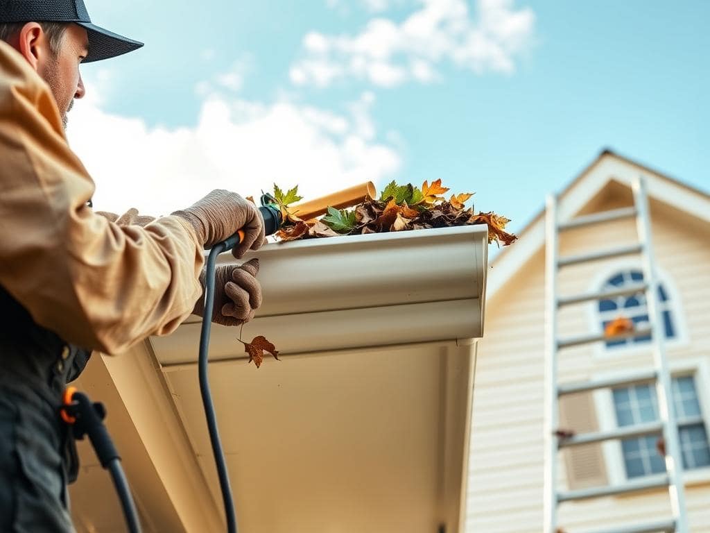 A professional gutter cleaning service in action, demonstrating the importance of managing debris and preventing clogs. In the foreground, a technician in a neat uniform carefully removes leaves and debris from a residential gutter using specialized tools. In the middle ground, a ladder leans against a charming home, showcasing clean gutters contrasting with the leftover debris that needs attention. The background features a bright blue sky with a few fluffy clouds, symbolizing a clear, sunny day that encourages outdoor maintenance. The scene is illuminated by soft, natural lighting, enhancing visibility of the details. The composition is warm and inviting, evoking a sense of responsibility and care for home maintenance while emphasizing the professionalism of the service. A professional gutter cleaning service in action, demonstrating the importance of managing debris and preventing clogs. In the foreground, a technician in a neat uniform carefully removes leaves and debris from a residential gutter using specialized tools. In the middle ground, a ladder leans against a charming home, showcasing clean gutters contrasting with the leftover debris that needs attention. The background features a bright blue sky with a few fluffy clouds, symbolizing a clear, sunny day that encourages outdoor maintenance. The scene is illuminated by soft, natural lighting, enhancing visibility of the details. The composition is warm and inviting, evoking a sense of responsibility and care for home maintenance while emphasizing the professionalism of the service.