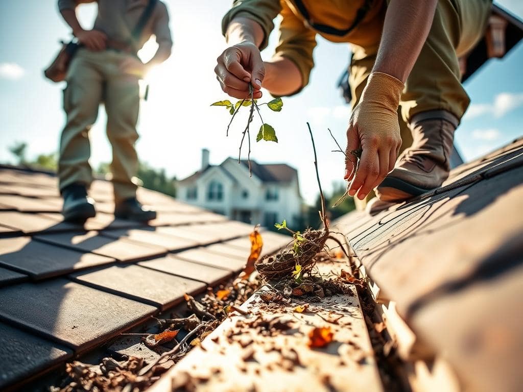 A professional gutter cleaning service is depicted in action, focusing on two workers in modest work attire, diligently clearing debris from a residential rooftop gutter. In the foreground, a close-up shows hands removing leaves, twigs, and dirt. The middle layer features a bright, sunny day with the gleaming roof and an attractive suburban home in the background, complete with well-maintained landscaping. Soft sunlight casts gentle shadows, enhancing the image's warmth. A sense of diligence and care is palpable, emphasizing the protective benefits of clean gutters. The angle is slightly elevated, providing a clear view of the workers and their important task, while the atmosphere conveys professionalism and commitment to property maintenance. A professional gutter cleaning service is depicted in action, focusing on two workers in modest work attire, diligently clearing debris from a residential rooftop gutter. In the foreground, a close-up shows hands removing leaves, twigs, and dirt. The middle layer features a bright, sunny day with the gleaming roof and an attractive suburban home in the background, complete with well-maintained landscaping. Soft sunlight casts gentle shadows, enhancing the image's warmth. A sense of diligence and care is palpable, emphasizing the protective benefits of clean gutters. The angle is slightly elevated, providing a clear view of the workers and their important task, while the atmosphere conveys professionalism and commitment to property maintenance.