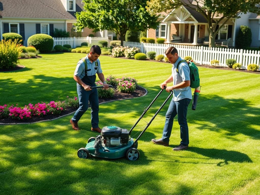 A professional lawn care service team focuses on maintaining a vibrant green lawn in a suburban neighborhood. In the foreground, two workers dressed in smart, modest uniforms are using high-quality lawn care equipment, such as a gas-powered mower and a backpack blower. The middle ground features a lush, manicured lawn with precise mowing lines and healthy flower beds, illustrating skillful landscaping. In the background, a charming house with lush trees and a white picket fence complements the scene. The lighting is bright and sunny, suggesting an early afternoon glow, with soft shadows enhancing the texture of the grass. The atmosphere feels serene and industrious, highlighting the professionalism and dedication of lawn care services. A professional lawn care service team focuses on maintaining a vibrant green lawn in a suburban neighborhood. In the foreground, two workers dressed in smart, modest uniforms are using high-quality lawn care equipment, such as a gas-powered mower and a backpack blower. The middle ground features a lush, manicured lawn with precise mowing lines and healthy flower beds, illustrating skillful landscaping. In the background, a charming house with lush trees and a white picket fence complements the scene. The lighting is bright and sunny, suggesting an early afternoon glow, with soft shadows enhancing the texture of the grass. The atmosphere feels serene and industrious, highlighting the professionalism and dedication of lawn care services.