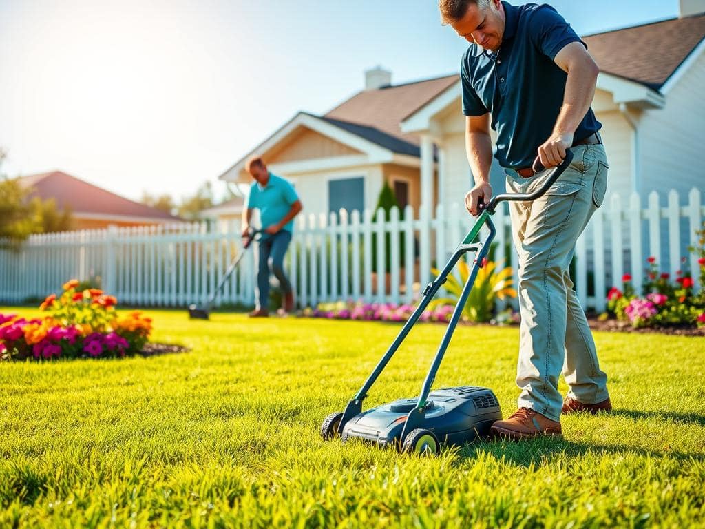 A professional lawn care service team is hard at work on a residential lawn. In the foreground, a neatly dressed technician in a polo shirt and khakis carefully trims the grass with a high-quality lawn mower, showcasing their expertise. In the middle ground, a second team member is using a weed whacker to maintain the edges, emphasizing precision and attention to detail. The well-manicured lawn features lush green grass, bordered by colorful flower beds bursting with vibrant blooms. In the background, a charming suburban home with a picket fence is framed by clear blue skies and soft, golden sunlight, creating a warm and inviting atmosphere. The image captures the professionalism and dedication of the lawn care industry, conveying a sense of reliability and care for homeowners' outdoor spaces. A professional lawn care service team is hard at work on a residential lawn. In the foreground, a neatly dressed technician in a polo shirt and khakis carefully trims the grass with a high-quality lawn mower, showcasing their expertise. In the middle ground, a second team member is using a weed whacker to maintain the edges, emphasizing precision and attention to detail. The well-manicured lawn features lush green grass, bordered by colorful flower beds bursting with vibrant blooms. In the background, a charming suburban home with a picket fence is framed by clear blue skies and soft, golden sunlight, creating a warm and inviting atmosphere. The image captures the professionalism and dedication of the lawn care industry, conveying a sense of reliability and care for homeowners' outdoor spaces.