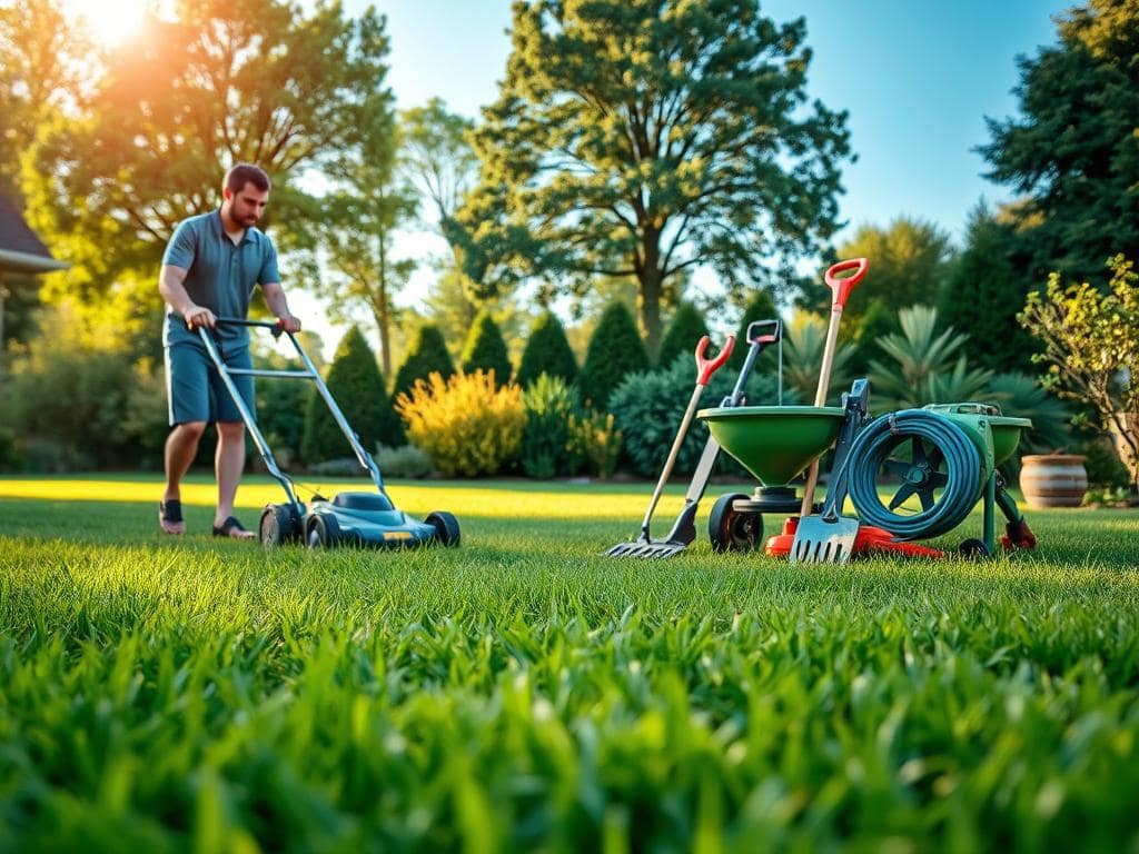 A serene backyard scene showcasing a comprehensive lawn care overview. In the foreground, a well-manicured lawn with different shades of green and healthy grass blades. A lawn care professional, dressed in a smart polo shirt and work shorts, is using a push mower with precision. In the middle ground, a variety of lawn maintenance tools are neatly arranged, including a rake, a fertilizer spreader, and a hose reel, hinting at essential services like mowing, fertilizing, and aeration. The background features lush trees and a clear blue sky bathed in warm sunlight, creating a tranquil atmosphere. Capture the scene from a slightly elevated angle to provide depth, emphasizing the orderly and professional nature of lawn maintenance. A serene backyard scene showcasing a comprehensive lawn care overview. In the foreground, a well-manicured lawn with different shades of green and healthy grass blades. A lawn care professional, dressed in a smart polo shirt and work shorts, is using a push mower with precision. In the middle ground, a variety of lawn maintenance tools are neatly arranged, including a rake, a fertilizer spreader, and a hose reel, hinting at essential services like mowing, fertilizing, and aeration. The background features lush trees and a clear blue sky bathed in warm sunlight, creating a tranquil atmosphere. Capture the scene from a slightly elevated angle to provide depth, emphasizing the orderly and professional nature of lawn maintenance.