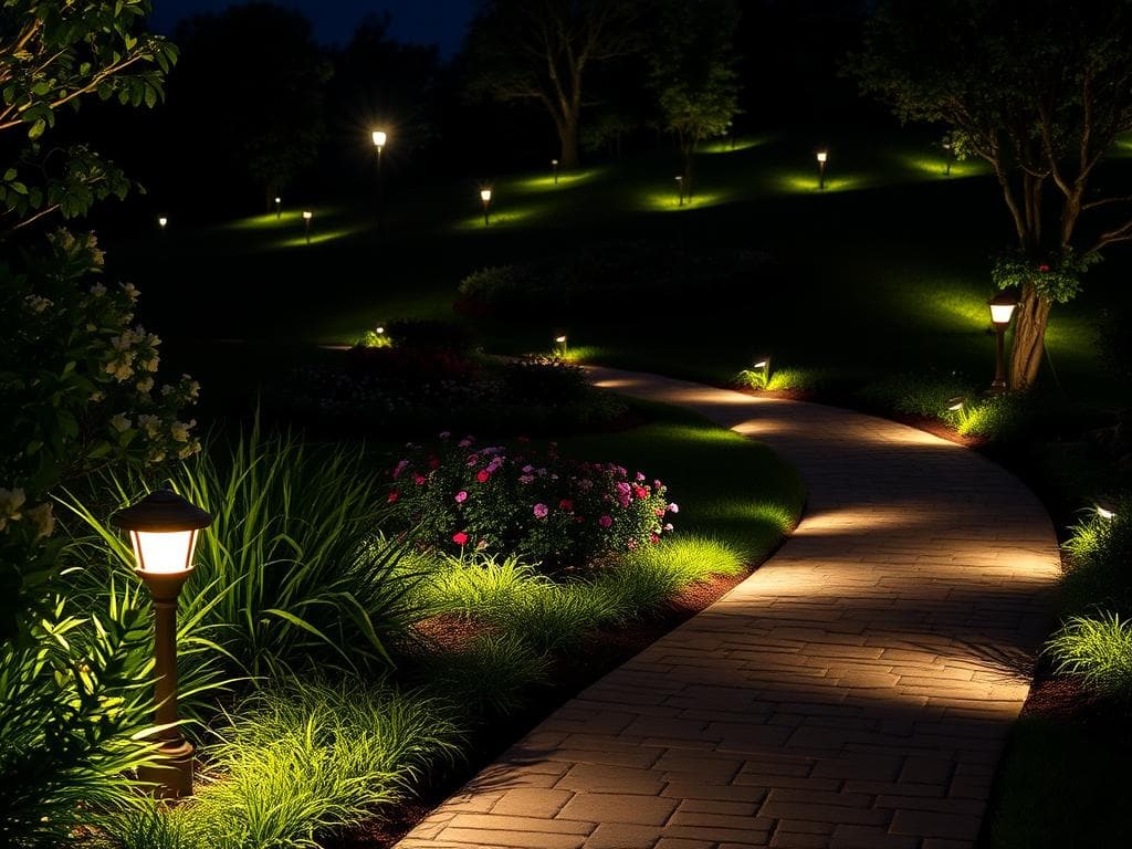 A serene nighttime landscape featuring a beautifully illuminated garden path, showcasing low voltage landscape lighting. In the foreground, well-placed LED pathway lights provide a warm glow, subtly highlighting the textured stone walkway and lush greenery. The middle ground reveals a well-maintained flower bed, enhanced by various lighting fixtures that are judiciously distributed, demonstrating different voltages and cable considerations. The background captures a gently sloping hill dotted with strategically positioned uplights, casting shadows on nearby trees. The scene is lit with a soft, diffused light to create a tranquil and inviting atmosphere, enticing viewers to appreciate the elegance of landscape lighting while illustrating the importance of voltage drop management and cable layout. The perspective is taken from a slightly elevated angle to provide a comprehensive overview of the installation. A serene nighttime landscape featuring a beautifully illuminated garden path, showcasing low voltage landscape lighting. In the foreground, well-placed LED pathway lights provide a warm glow, subtly highlighting the textured stone walkway and lush greenery. The middle ground reveals a well-maintained flower bed, enhanced by various lighting fixtures that are judiciously distributed, demonstrating different voltages and cable considerations. The background captures a gently sloping hill dotted with strategically positioned uplights, casting shadows on nearby trees. The scene is lit with a soft, diffused light to create a tranquil and inviting atmosphere, enticing viewers to appreciate the elegance of landscape lighting while illustrating the importance of voltage drop management and cable layout. The perspective is taken from a slightly elevated angle to provide a comprehensive overview of the installation.