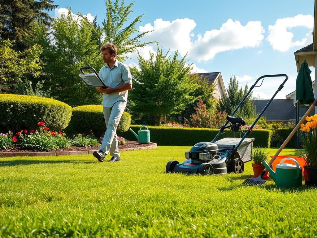 A serene residential backyard in full bloom, showcasing essential lawn care practices. In the foreground, a person wearing professional casual attire is attentively mowing a lush green lawn with a high-quality push mower. The middle ground features a healthy garden with vibrant flowers and neatly trimmed hedges, while a well-organized selection of gardening tools, including a rake and watering can, is artfully arranged nearby. In the background, a clear blue sky with soft, fluffy clouds enhances the inviting atmosphere. The image is illuminated by warm, natural sunlight, casting gentle shadows that evoke a sense of calm and responsibility in lawn care. The composition is taken from a slightly elevated angle, providing a comprehensive view of the carefully maintained landscape. A serene residential backyard in full bloom, showcasing essential lawn care practices. In the foreground, a person wearing professional casual attire is attentively mowing a lush green lawn with a high-quality push mower. The middle ground features a healthy garden with vibrant flowers and neatly trimmed hedges, while a well-organized selection of gardening tools, including a rake and watering can, is artfully arranged nearby. In the background, a clear blue sky with soft, fluffy clouds enhances the inviting atmosphere. The image is illuminated by warm, natural sunlight, casting gentle shadows that evoke a sense of calm and responsibility in lawn care. The composition is taken from a slightly elevated angle, providing a comprehensive view of the carefully maintained landscape.