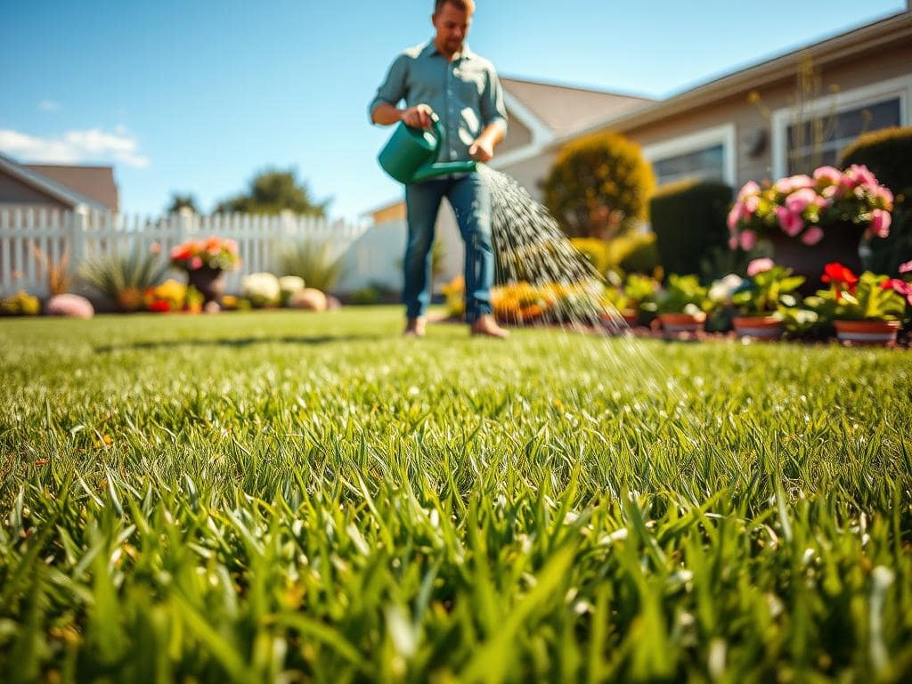 A serene suburban lawn scene depicting the crucial moment of watering after applying weed and feed. In the foreground, a well-maintained green lawn glistens with recent rainfall, showing vibrant grass blades. A professional gardener in modest casual clothing stands focused, holding a watering can at an angle, ensuring adequate moisture without overwatering. In the middle ground, a freshly applied layer of fertilizer is subtly visible, with a texture that suggests a balance of nutrients. The background features blooming flowerbeds and a white picket fence under a clear blue sky, with soft sunlight casting gentle shadows. The atmosphere is calm and nurturing, emphasizing the importance of timing in lawn care. A serene suburban lawn scene depicting the crucial moment of watering after applying weed and feed. In the foreground, a well-maintained green lawn glistens with recent rainfall, showing vibrant grass blades. A professional gardener in modest casual clothing stands focused, holding a watering can at an angle, ensuring adequate moisture without overwatering. In the middle ground, a freshly applied layer of fertilizer is subtly visible, with a texture that suggests a balance of nutrients. The background features blooming flowerbeds and a white picket fence under a clear blue sky, with soft sunlight casting gentle shadows. The atmosphere is calm and nurturing, emphasizing the importance of timing in lawn care.