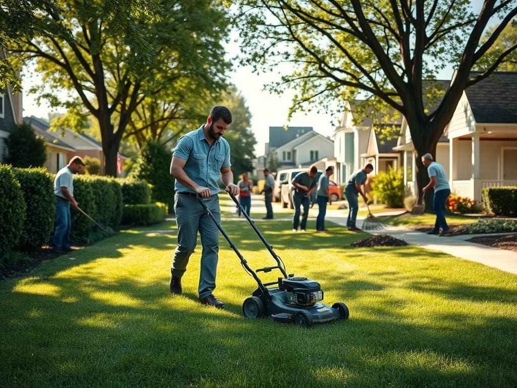 A serene suburban neighborhood scene showcasing a variety of lawn care activities taking place. In the foreground, a professional landscaper in casual but neat attire is using a push mower on a lush green lawn, demonstrating service frequency. To the left, another worker is trimming hedges, while in the middle ground, a crew is raking leaves and applying mulch to flower beds, illustrating scope of work. The background features a tree-lined street with houses that have well-maintained yards, under soft, natural sunlight creating a warm and inviting atmosphere. The image is captured with a slight upward angle to give depth, emphasizing the community and dedication to lawn care maintenance. A serene suburban neighborhood scene showcasing a variety of lawn care activities taking place. In the foreground, a professional landscaper in casual but neat attire is using a push mower on a lush green lawn, demonstrating service frequency. To the left, another worker is trimming hedges, while in the middle ground, a crew is raking leaves and applying mulch to flower beds, illustrating scope of work. The background features a tree-lined street with houses that have well-maintained yards, under soft, natural sunlight creating a warm and inviting atmosphere. The image is captured with a slight upward angle to give depth, emphasizing the community and dedication to lawn care maintenance.