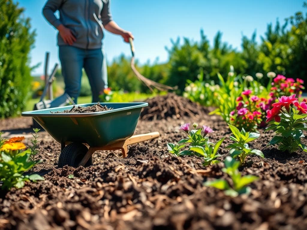A tranquil garden scene depicting the preparation for mulching garden soil. In the foreground, a well-tended garden bed with freshly turned soil, surrounded by a variety of vibrant plants and flowers. A wheelbarrow filled with organic mulch sits nearby, with a gardening tool resting against it. In the middle ground, a person in modest casual clothing kneels to apply the mulch, using a rake to spread it evenly. The background features a clear blue sky and lush greenery, evoking a peaceful, sunny day. Soft, natural lighting bathes the scene, enhancing the rich colors of the earth and plants. The overall atmosphere is serene and inviting, capturing the essence of garden care and preparation. A tranquil garden scene depicting the preparation for mulching garden soil. In the foreground, a well-tended garden bed with freshly turned soil, surrounded by a variety of vibrant plants and flowers. A wheelbarrow filled with organic mulch sits nearby, with a gardening tool resting against it. In the middle ground, a person in modest casual clothing kneels to apply the mulch, using a rake to spread it evenly. The background features a clear blue sky and lush greenery, evoking a peaceful, sunny day. Soft, natural lighting bathes the scene, enhancing the rich colors of the earth and plants. The overall atmosphere is serene and inviting, capturing the essence of garden care and preparation.