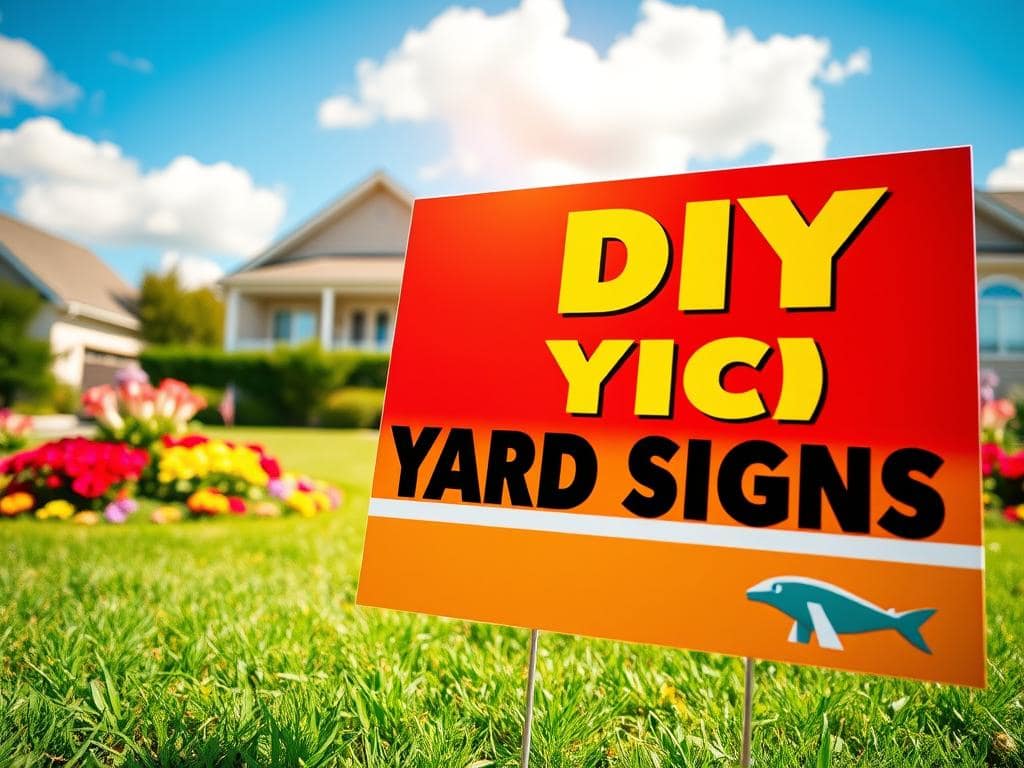 A vibrant DIY yard sign displayed prominently in the foreground, designed for maximum visual impact. The sign features bold, engaging colors and a clean, professional layout, showcasing effective typography and graphic elements. In the middle ground, a well-manicured lawn and colorful flower beds frame the sign, enhancing its visibility. In the background, a clear blue sky with soft, fluffy clouds adds a cheerful atmosphere. The scene is illuminated by warm, natural sunlight, creating a welcoming and inviting mood. The angle is slightly low to emphasize the yard sign against the picturesque setting, showcasing simplicity and clarity in design. The overall composition is visually appealing, ideal for inspiring readers to optimize their own DIY yard signs. A vibrant DIY yard sign displayed prominently in the foreground, designed for maximum visual impact. The sign features bold, engaging colors and a clean, professional layout, showcasing effective typography and graphic elements. In the middle ground, a well-manicured lawn and colorful flower beds frame the sign, enhancing its visibility. In the background, a clear blue sky with soft, fluffy clouds adds a cheerful atmosphere. The scene is illuminated by warm, natural sunlight, creating a welcoming and inviting mood. The angle is slightly low to emphasize the yard sign against the picturesque setting, showcasing simplicity and clarity in design. The overall composition is visually appealing, ideal for inspiring readers to optimize their own DIY yard signs.