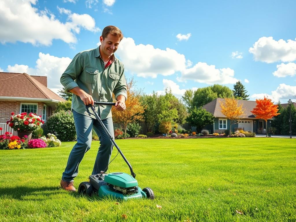 A vibrant and colorful scene showcasing seasonal lawn care tasks throughout the year. In the foreground, a professional gardener in modest casual clothing is mowing a lush green lawn, while in the middle ground, different sections of the yard depict seasonal activities: spring flowers being planted, summer weed removal, fall leaf raking, and winter preparation with mulch. The background features a bright blue sky with soft, fluffy clouds, casting dappled sunlight on the grass. The mood is cheerful and productive, reflecting a sense of care and attention to detail in lawn maintenance. Use a wide-angle lens to capture the entire landscape, focusing on the dynamic aspect of seasonal changes in lawn care. A vibrant and colorful scene showcasing seasonal lawn care tasks throughout the year. In the foreground, a professional gardener in modest casual clothing is mowing a lush green lawn, while in the middle ground, different sections of the yard depict seasonal activities: spring flowers being planted, summer weed removal, fall leaf raking, and winter preparation with mulch. The background features a bright blue sky with soft, fluffy clouds, casting dappled sunlight on the grass. The mood is cheerful and productive, reflecting a sense of care and attention to detail in lawn maintenance. Use a wide-angle lens to capture the entire landscape, focusing on the dynamic aspect of seasonal changes in lawn care.