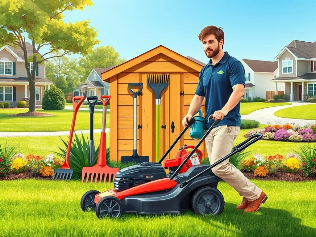 A vibrant, detailed illustration showcasing various components of lawn care services. In the foreground, a professional lawn care specialist, dressed in a logoed polo shirt and khakis, is using a high-quality mower, grass clippings flying behind. In the middle ground, showcase a variety of tools: a rakes, leaf blower, and lawn aerator neatly arranged on a wooden shed backdrop. Include lush green grass and colorful flower beds for bright accents. In the background, depict a sunny suburban neighborhood with well-kept lawns, emphasizing the organized beauty of the community. The lighting should be bright and cheerful, simulating a clear blue sky, creating a warm and inviting atmosphere. Use a slightly elevated perspective to capture the landscape effectively. A vibrant, detailed illustration showcasing various components of lawn care services. In the foreground, a professional lawn care specialist, dressed in a logoed polo shirt and khakis, is using a high-quality mower, grass clippings flying behind. In the middle ground, showcase a variety of tools: a rakes, leaf blower, and lawn aerator neatly arranged on a wooden shed backdrop. Include lush green grass and colorful flower beds for bright accents. In the background, depict a sunny suburban neighborhood with well-kept lawns, emphasizing the organized beauty of the community. The lighting should be bright and cheerful, simulating a clear blue sky, creating a warm and inviting atmosphere. Use a slightly elevated perspective to capture the landscape effectively.