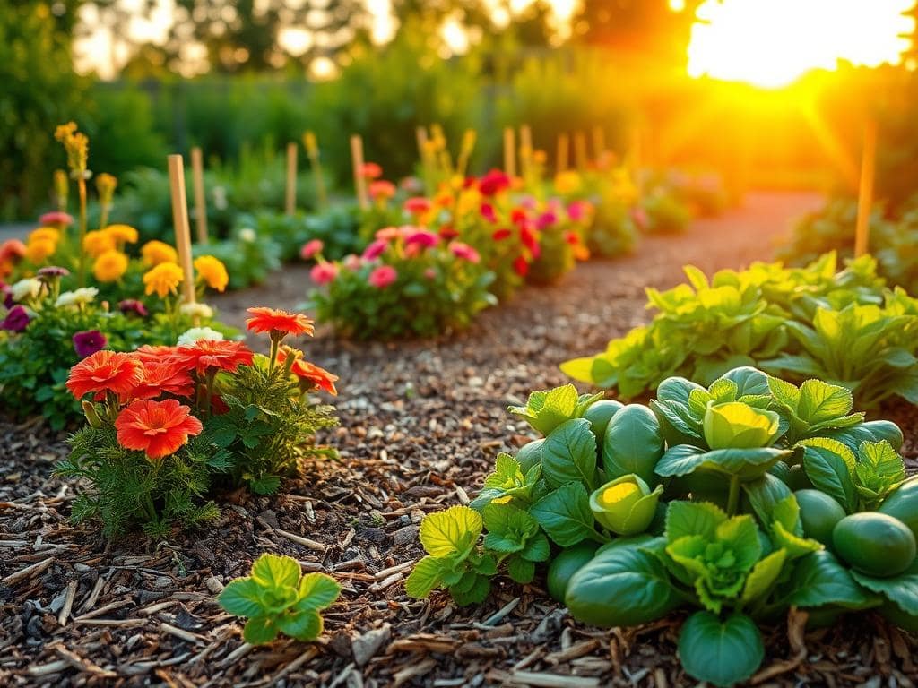 A vibrant garden scene showcasing the benefits of mulching for garden health. In the foreground, well-mulched garden beds filled with lush, colorful flowers and healthy green vegetables, demonstrating rich soil texture and moisture retention. The middle ground features a variety of mulch types, such as wood chips, straw, and leaves, artfully spread around the plants. In the background, a glowing sunset casts warm, golden light, enhancing the rich colors of the foliage and creating a tranquil atmosphere. Use a slightly elevated angle to capture the depth of the garden, with soft, natural lighting emphasizing the verdant health of the plants. The overall mood is serene and inviting, celebrating the beauty and benefits of mulching in a garden ecosystem. A vibrant garden scene showcasing the benefits of mulching for garden health. In the foreground, well-mulched garden beds filled with lush, colorful flowers and healthy green vegetables, demonstrating rich soil texture and moisture retention. The middle ground features a variety of mulch types, such as wood chips, straw, and leaves, artfully spread around the plants. In the background, a glowing sunset casts warm, golden light, enhancing the rich colors of the foliage and creating a tranquil atmosphere. Use a slightly elevated angle to capture the depth of the garden, with soft, natural lighting emphasizing the verdant health of the plants. The overall mood is serene and inviting, celebrating the beauty and benefits of mulching in a garden ecosystem.