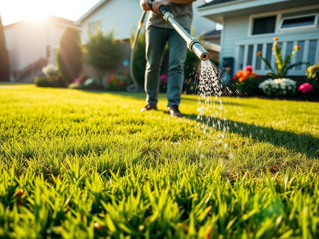 A vibrant lawn after application of weed and feed treatment, with a bright morning sun casting soft light over the scene. In the foreground, a neatly trimmed lawn showcases patches of lush green grass interspersed with subtle hints of brown where the treatment has taken effect. In the middle ground, a person in modest casual clothing is gently watering the grass with a modern hose nozzle, illustrating post-treatment irrigation techniques. The background features a picturesque suburban setting, with flowering plants and a well-maintained garden. The image captures a serene and encouraging atmosphere, emphasizing the importance of proper care after treatment. The composition is framed from a low angle to highlight the act of watering and the healthy grass above, evoking a sense of nurturing and attention to detail. A vibrant lawn after application of weed and feed treatment, with a bright morning sun casting soft light over the scene. In the foreground, a neatly trimmed lawn showcases patches of lush green grass interspersed with subtle hints of brown where the treatment has taken effect. In the middle ground, a person in modest casual clothing is gently watering the grass with a modern hose nozzle, illustrating post-treatment irrigation techniques. The background features a picturesque suburban setting, with flowering plants and a well-maintained garden. The image captures a serene and encouraging atmosphere, emphasizing the importance of proper care after treatment. The composition is framed from a low angle to highlight the act of watering and the healthy grass above, evoking a sense of nurturing and attention to detail.
