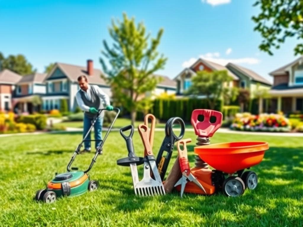 A vibrant lawn maintenance scene showcasing various effective strategies throughout the year. In the foreground, a professional gardener in smart casual attire is carefully mowing a lush, green lawn with a push mower, demonstrating precision. In the middle section, diverse tools like a rake, shears, and fertilizer spreader are artfully arranged, symbolizing essential equipment for lawn care. The background shows a picturesque neighborhood with well-kept homes, trees, and seasonal flowers under a clear blue sky. Soft sunlight casts gentle shadows, enhancing the inviting atmosphere. The image should convey a sense of community and dedication to maintaining beautiful, healthy lawns across different seasons, emphasizing the importance of consistent care and strategy in gardening. A vibrant lawn maintenance scene showcasing various effective strategies throughout the year. In the foreground, a professional gardener in smart casual attire is carefully mowing a lush, green lawn with a push mower, demonstrating precision. In the middle section, diverse tools like a rake, shears, and fertilizer spreader are artfully arranged, symbolizing essential equipment for lawn care. The background shows a picturesque neighborhood with well-kept homes, trees, and seasonal flowers under a clear blue sky. Soft sunlight casts gentle shadows, enhancing the inviting atmosphere. The image should convey a sense of community and dedication to maintaining beautiful, healthy lawns across different seasons, emphasizing the importance of consistent care and strategy in gardening.