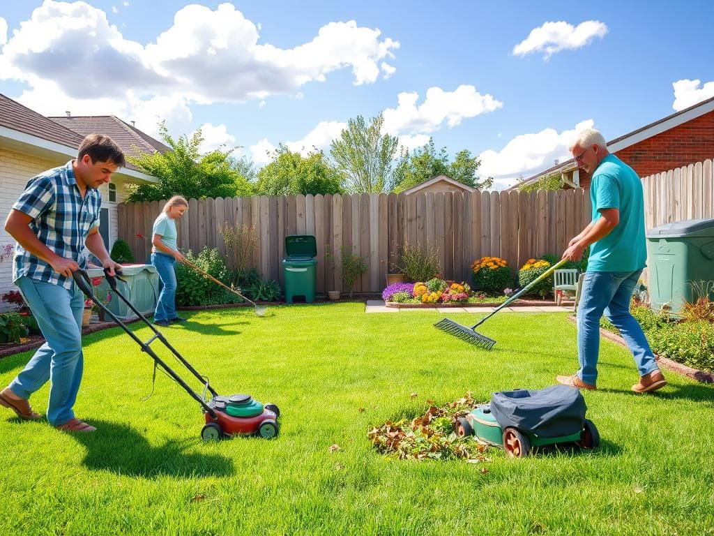A vibrant suburban backyard scene depicting essential lawn care tasks for a healthy yard. In the foreground, a diverse group of individuals dressed in casual clothing is actively engaged in different tasks: one is mowing the lush green grass with a push mower, another is using a rake to gather leaves, while a third is watering flower beds with a hose. In the middle ground, a neatly trimmed lawn leads to well-maintained flower beds bursting with colorful blooms, complemented by a nearby compost bin. The background features a bright blue sky with fluffy white clouds and a wooden fence, creating a cheerful, sunny atmosphere. Soft, natural lighting enhances the colors of the garden, capturing the essence of a peaceful, industrious day in the yard. A vibrant suburban backyard scene depicting essential lawn care tasks for a healthy yard. In the foreground, a diverse group of individuals dressed in casual clothing is actively engaged in different tasks: one is mowing the lush green grass with a push mower, another is using a rake to gather leaves, while a third is watering flower beds with a hose. In the middle ground, a neatly trimmed lawn leads to well-maintained flower beds bursting with colorful blooms, complemented by a nearby compost bin. The background features a bright blue sky with fluffy white clouds and a wooden fence, creating a cheerful, sunny atmosphere. Soft, natural lighting enhances the colors of the garden, capturing the essence of a peaceful, industrious day in the yard.