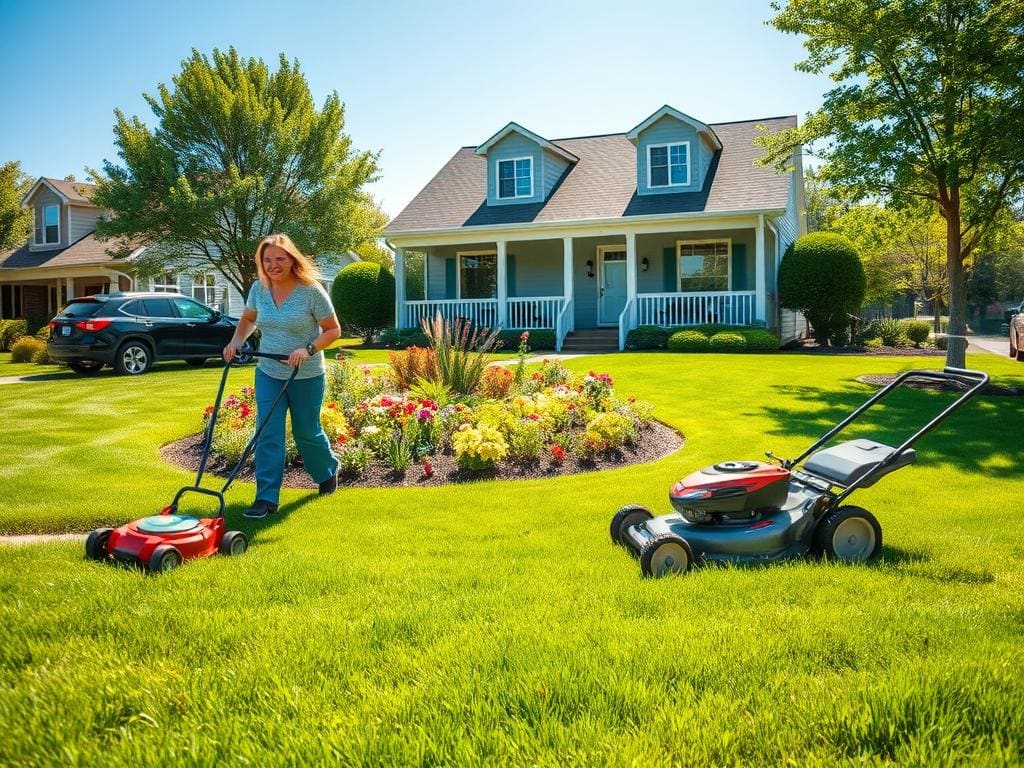 A vibrant suburban lawn scene showcasing the benefits of full-service lawn maintenance. In the foreground, a well-manicured lawn features healthy, lush grass with neat edging. A couple of smiling professionals in modest casual attire are working together, using a lawn mower and trimmer, conveying teamwork and efficiency. In the middle, a garden filled with colorful flowers and neatly arranged shrubs complements the pristine lawn, symbolizing aesthetic appeal. The background features a charming house with a well-maintained exterior under a bright blue sky, emphasizing a welcoming atmosphere. Soft, warm sunlight bathes the scene, creating an uplifting mood, while a wide-angle perspective captures the fullness and beauty of the landscape. A vibrant suburban lawn scene showcasing the benefits of full-service lawn maintenance. In the foreground, a well-manicured lawn features healthy, lush grass with neat edging. A couple of smiling professionals in modest casual attire are working together, using a lawn mower and trimmer, conveying teamwork and efficiency. In the middle, a garden filled with colorful flowers and neatly arranged shrubs complements the pristine lawn, symbolizing aesthetic appeal. The background features a charming house with a well-maintained exterior under a bright blue sky, emphasizing a welcoming atmosphere. Soft, warm sunlight bathes the scene, creating an uplifting mood, while a wide-angle perspective captures the fullness and beauty of the landscape.