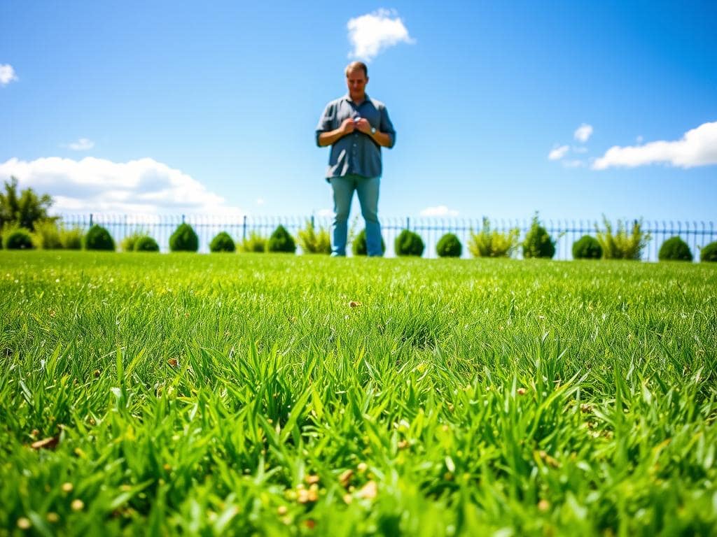 A vibrant, well-manicured lawn expanded in the foreground, freshly treated with a weed and feed product visible in small granules scattered across the grass. In the middle ground, a homeowner in modest casual attire checking a timing device, looking thoughtfully at the lawn, symbolizing the importance of timing in watering. The background features a clear blue sky with a few fluffy clouds, casting slight shadows across the lawn, enhancing the sense of a perfect, sunny day for lawn care. The image is brightly lit, emphasizing lush green grass and a healthy landscape. The overall mood is positive and instructional, conveying the theme of effective strategies for watering after treatment. The angle is slightly elevated, capturing both the foreground and the homeowner engaged in the task. A vibrant, well-manicured lawn expanded in the foreground, freshly treated with a weed and feed product visible in small granules scattered across the grass. In the middle ground, a homeowner in modest casual attire checking a timing device, looking thoughtfully at the lawn, symbolizing the importance of timing in watering. The background features a clear blue sky with a few fluffy clouds, casting slight shadows across the lawn, enhancing the sense of a perfect, sunny day for lawn care. The image is brightly lit, emphasizing lush green grass and a healthy landscape. The overall mood is positive and instructional, conveying the theme of effective strategies for watering after treatment. The angle is slightly elevated, capturing both the foreground and the homeowner engaged in the task.