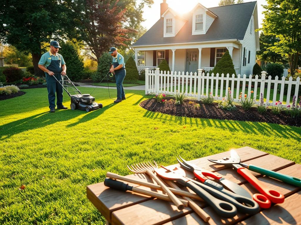A visually appealing representation of lawn care services, featuring a well-manicured yard being serviced by a professional lawn care team in matching uniforms. In the foreground, a landscape technician uses a push mower, while another sprays fertilizer around the vibrant green grass. The middle ground highlights neatly arranged gardening tools on a table, including a rake and shears, alongside a well-maintained garden area with colorful flowers. In the background, a suburban house with a picket fence complements the scene. The sun casts soft, golden light, creating a warm, inviting atmosphere. Capture the scene with a wide-angle lens to emphasize the neat layout and professional execution of lawn maintenance, showcasing a tranquil and inviting outdoor space. A visually appealing representation of lawn care services, featuring a well-manicured yard being serviced by a professional lawn care team in matching uniforms. In the foreground, a landscape technician uses a push mower, while another sprays fertilizer around the vibrant green grass. The middle ground highlights neatly arranged gardening tools on a table, including a rake and shears, alongside a well-maintained garden area with colorful flowers. In the background, a suburban house with a picket fence complements the scene. The sun casts soft, golden light, creating a warm, inviting atmosphere. Capture the scene with a wide-angle lens to emphasize the neat layout and professional execution of lawn maintenance, showcasing a tranquil and inviting outdoor space.