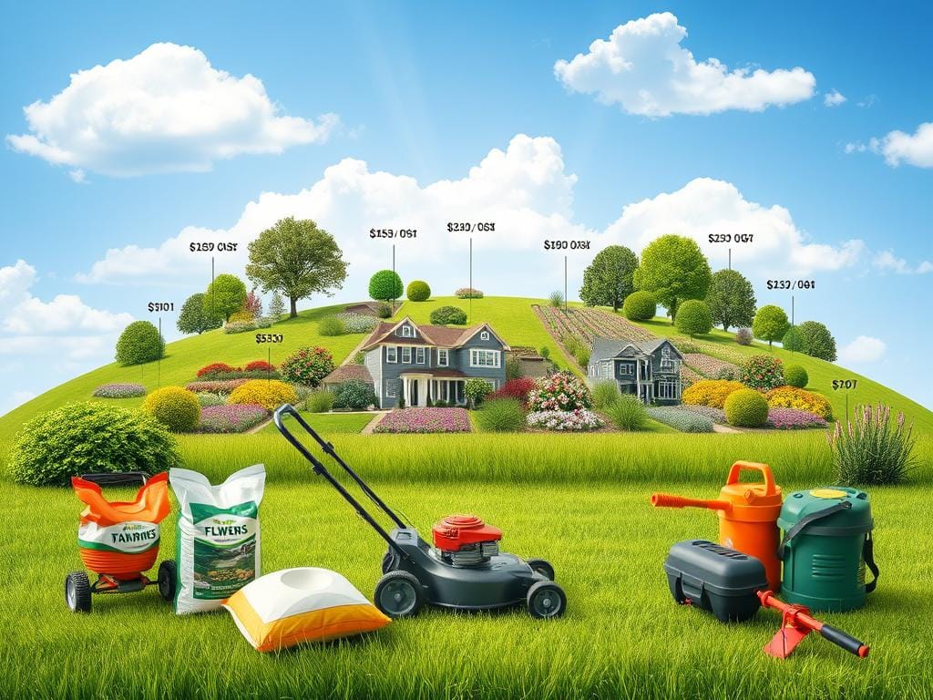 A visually informative illustration focusing on the key factors influencing lawn care costs. In the foreground, display essential tools like a lawn mower, fertilizer bags, and watering equipment, arranged on a well-maintained grassy area. In the middle ground, depict a diverse landscape showcasing different grass types, flowers, and shrubs, each labeled with cost indicators. The background should feature a clear blue sky with fluffy clouds, emphasizing a sunny day. Use natural, warm lighting to create an inviting atmosphere. Capture the scene from a slightly elevated angle, providing a comprehensive view. The overall mood should be professional yet approachable, reflecting the importance of understanding lawn care expenses. A visually informative illustration focusing on the key factors influencing lawn care costs. In the foreground, display essential tools like a lawn mower, fertilizer bags, and watering equipment, arranged on a well-maintained grassy area. In the middle ground, depict a diverse landscape showcasing different grass types, flowers, and shrubs, each labeled with cost indicators. The background should feature a clear blue sky with fluffy clouds, emphasizing a sunny day. Use natural, warm lighting to create an inviting atmosphere. Capture the scene from a slightly elevated angle, providing a comprehensive view. The overall mood should be professional yet approachable, reflecting the importance of understanding lawn care expenses.