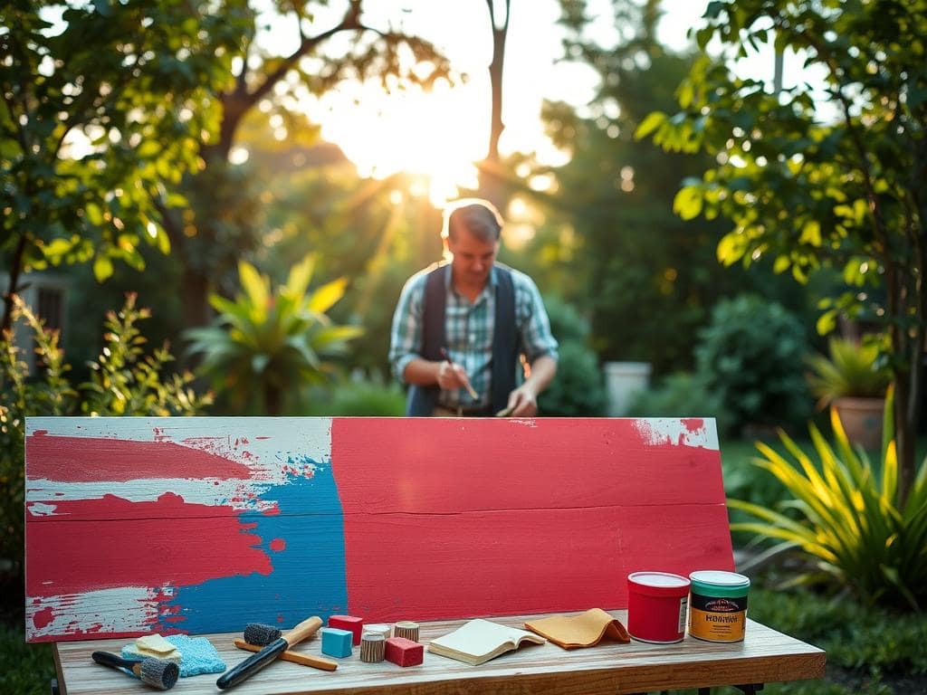 A well-lit DIY yard sign painting setup in a bright outdoor environment. In the foreground, a wooden sign with half of it painted in vibrant colors, showcasing different techniques like sponging and stenciling. Tools like brushes, sponges, and paint containers are neatly arranged next to the sign. In the middle ground, a painter in professional casual attire is applying paint to the sign, concentrating on clean, precise strokes. The background shows a lush green garden with fading sunlight filtering through trees, casting a warm, inviting glow over the scene. The mood is creative and productive, evoking a sense of accomplishment and artistry in DIY projects. A well-lit DIY yard sign painting setup in a bright outdoor environment. In the foreground, a wooden sign with half of it painted in vibrant colors, showcasing different techniques like sponging and stenciling. Tools like brushes, sponges, and paint containers are neatly arranged next to the sign. In the middle ground, a painter in professional casual attire is applying paint to the sign, concentrating on clean, precise strokes. The background shows a lush green garden with fading sunlight filtering through trees, casting a warm, inviting glow over the scene. The mood is creative and productive, evoking a sense of accomplishment and artistry in DIY projects.
