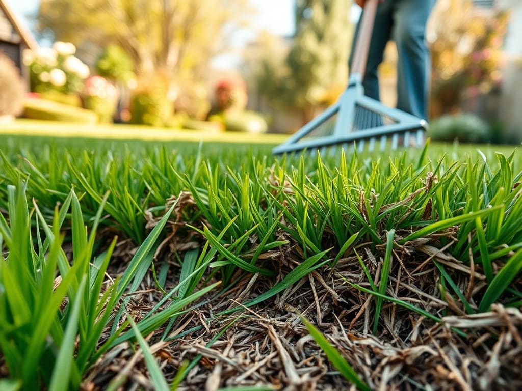 A well-maintained lawn scene showcasing a close-up of thatch layers beneath the grass, illustrating the concept of lawn care. In the foreground, vibrant green grass blades are interspersed with brownish thatch, indicating organic debris. In the middle ground, a gardener in professional attire uses a dethatching rake, actively working to remove the thatch, focusing intently on the task. The background features a lush garden with blooming flowers and trees, bathed in warm, natural sunlight, creating a serene atmosphere. The angle captures the depth of the thatch layers, highlighting the texture and condition of the lawn. Soft, diffused lighting enhances the details, making the image inviting and informative. A well-maintained lawn scene showcasing a close-up of thatch layers beneath the grass, illustrating the concept of lawn care. In the foreground, vibrant green grass blades are interspersed with brownish thatch, indicating organic debris. In the middle ground, a gardener in professional attire uses a dethatching rake, actively working to remove the thatch, focusing intently on the task. The background features a lush garden with blooming flowers and trees, bathed in warm, natural sunlight, creating a serene atmosphere. The angle captures the depth of the thatch layers, highlighting the texture and condition of the lawn. Soft, diffused lighting enhances the details, making the image inviting and informative.