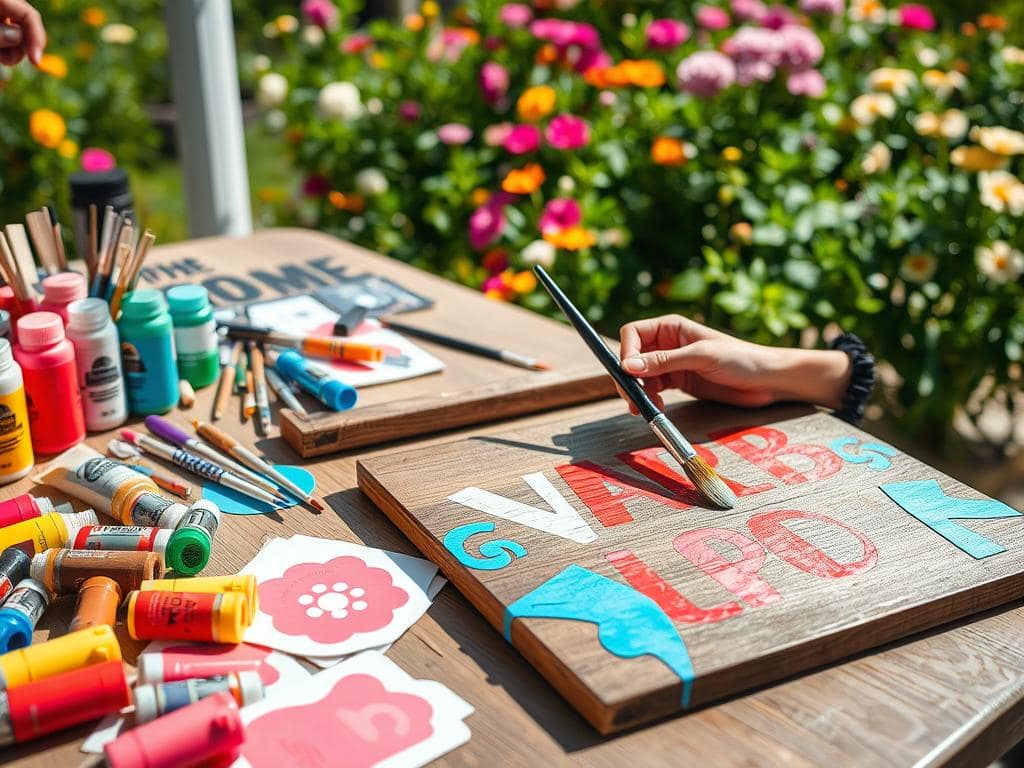 A well-organized DIY workspace showcasing various yard sign design techniques. In the foreground, a table is covered with vibrant paint tubes, brushes, and cut-out stencils laying beside a partially finished wooden sign with eye-catching designs. The middle section features two hands skillfully applying paint to the sign with a brush, demonstrating a close-up view of the artistic process, capturing fine details like texture and brush strokes. In the background, a sunny garden is visible, filled with blooming flowers, creating a lively atmosphere. The lighting is bright and natural, casting soft shadows that enhance the colors. The image conveys a cheerful and productive mood, highlighting the joy of creating professional-looking signs at home. A well-organized DIY workspace showcasing various yard sign design techniques. In the foreground, a table is covered with vibrant paint tubes, brushes, and cut-out stencils laying beside a partially finished wooden sign with eye-catching designs. The middle section features two hands skillfully applying paint to the sign with a brush, demonstrating a close-up view of the artistic process, capturing fine details like texture and brush strokes. In the background, a sunny garden is visible, filled with blooming flowers, creating a lively atmosphere. The lighting is bright and natural, casting soft shadows that enhance the colors. The image conveys a cheerful and productive mood, highlighting the joy of creating professional-looking signs at home.