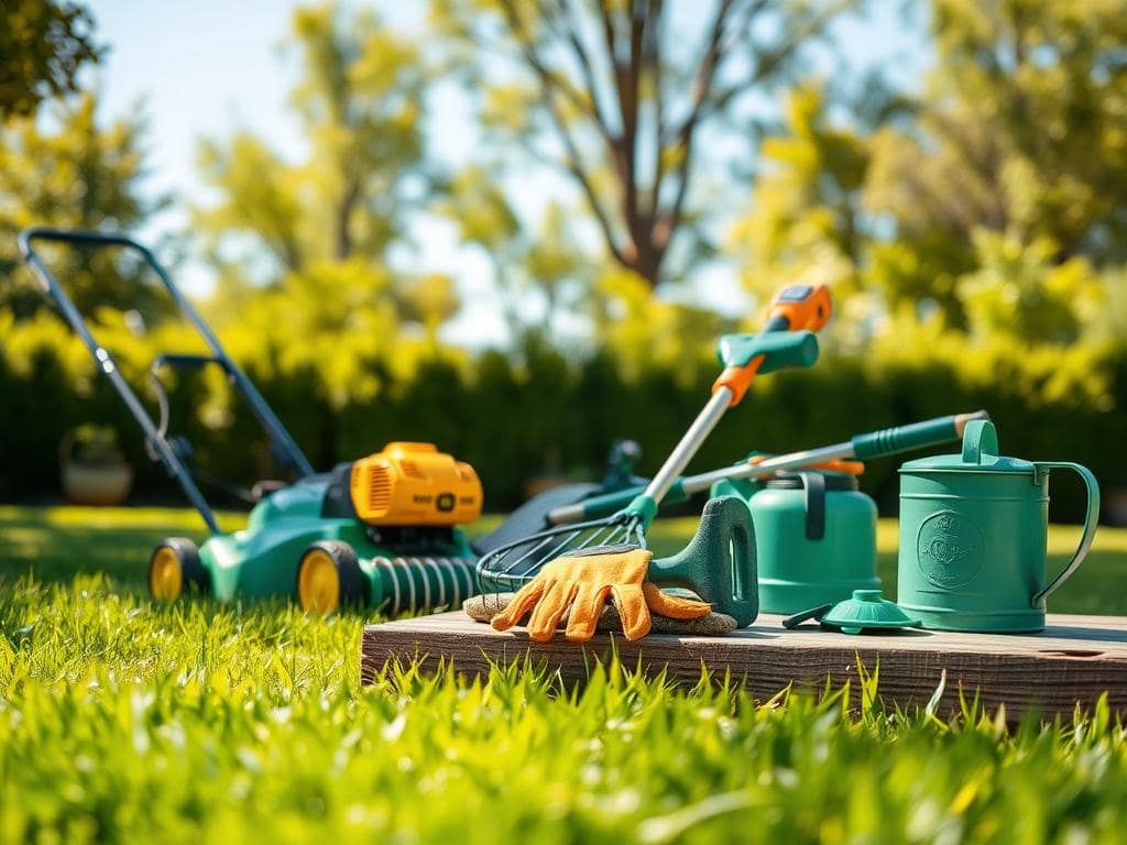 A well-organized assortment of lawn care tools and equipment, featuring a green hand push mower, a vibrant yellow gas-powered string trimmer, a sturdy garden rake, and a pair of gloves resting on a wooden bench. In the foreground, a cheerful, well-maintained lawn glistens under bright, natural sunlight, casting soft shadows. In the middle ground, a series of neatly placed gardening tools and a watering can showcase practical items used in lawn maintenance, elegantly arranged on a weathered outdoor table. In the background, lush trees provide a sense of tranquility, while a clear blue sky enhances the serene atmosphere, inviting viewers into the scene. Soft focus on the background creates depth, emphasizing the tools and equipment as the main focus of the image. A well-organized assortment of lawn care tools and equipment, featuring a green hand push mower, a vibrant yellow gas-powered string trimmer, a sturdy garden rake, and a pair of gloves resting on a wooden bench. In the foreground, a cheerful, well-maintained lawn glistens under bright, natural sunlight, casting soft shadows. In the middle ground, a series of neatly placed gardening tools and a watering can showcase practical items used in lawn maintenance, elegantly arranged on a weathered outdoor table. In the background, lush trees provide a sense of tranquility, while a clear blue sky enhances the serene atmosphere, inviting viewers into the scene. Soft focus on the background creates depth, emphasizing the tools and equipment as the main focus of the image.