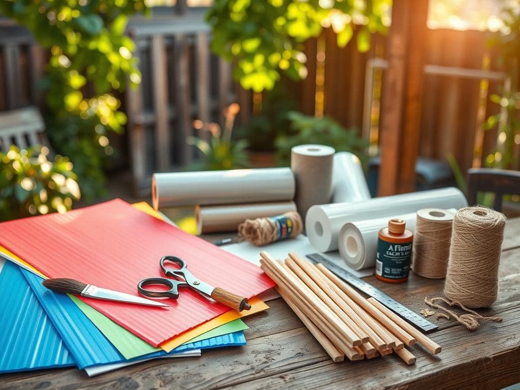 A well-organized display of DIY yard sign materials and tools arranged on a wooden workbench. In the foreground, vibrant sheets of colorful corrugated plastic and sturdy wooden stakes, with a pair of scissors and a paintbrush resting beside them. In the middle, rolls of adhesive vinyl and spools of twine, along with a cutting mat and a ruler for precise measurements. The background features a rustic garden with soft sunlight filtering through leaves, casting a warm glow over the workspace. The scene is captured with a shallow depth of field to emphasize the materials while gently blurring the background, conveying a calm and creative atmosphere for crafting. The overall mood is inviting and inspiring, highlighting the excitement of creating a professional-looking yard sign. A well-organized display of DIY yard sign materials and tools arranged on a wooden workbench. In the foreground, vibrant sheets of colorful corrugated plastic and sturdy wooden stakes, with a pair of scissors and a paintbrush resting beside them. In the middle, rolls of adhesive vinyl and spools of twine, along with a cutting mat and a ruler for precise measurements. The background features a rustic garden with soft sunlight filtering through leaves, casting a warm glow over the workspace. The scene is captured with a shallow depth of field to emphasize the materials while gently blurring the background, conveying a calm and creative atmosphere for crafting. The overall mood is inviting and inspiring, highlighting the excitement of creating a professional-looking yard sign.