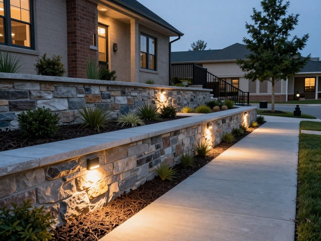 Commercial hardscape installation in Dyer showing retaining walls and professional walkways with landscape lighting Commercial hardscape installation in Dyer showing retaining walls and professional walkways with landscape lighting