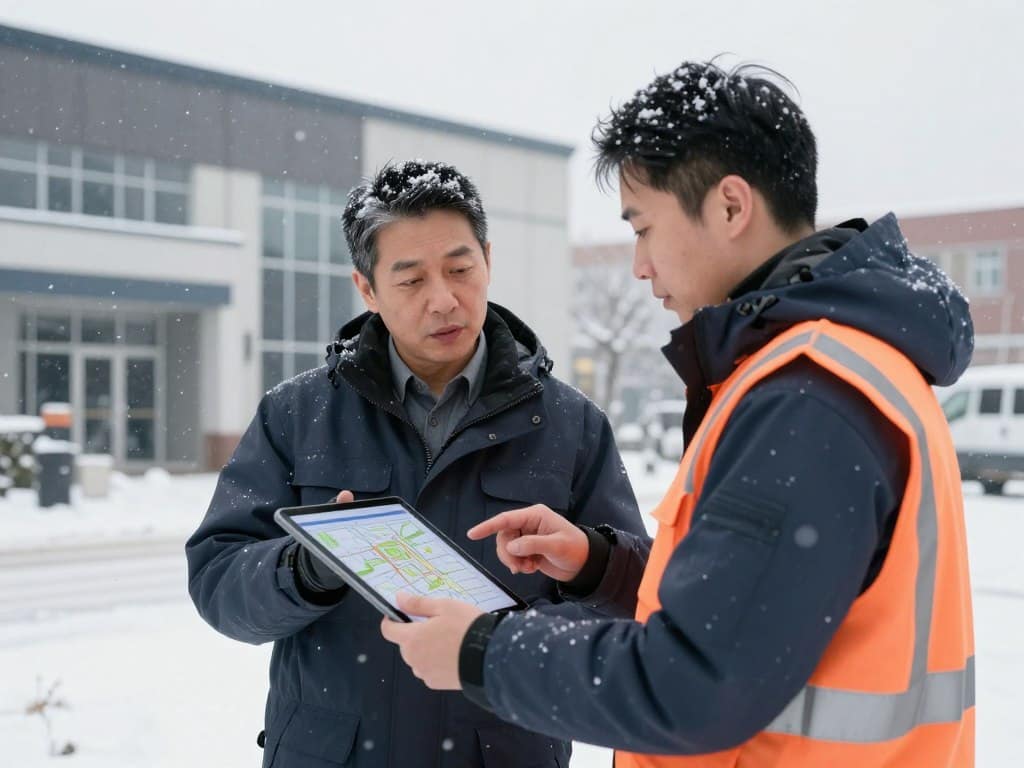 Commercial property manager reviewing snow removal operations on tablet with contractor during storm Commercial property manager reviewing snow removal operations on tablet with contractor during storm