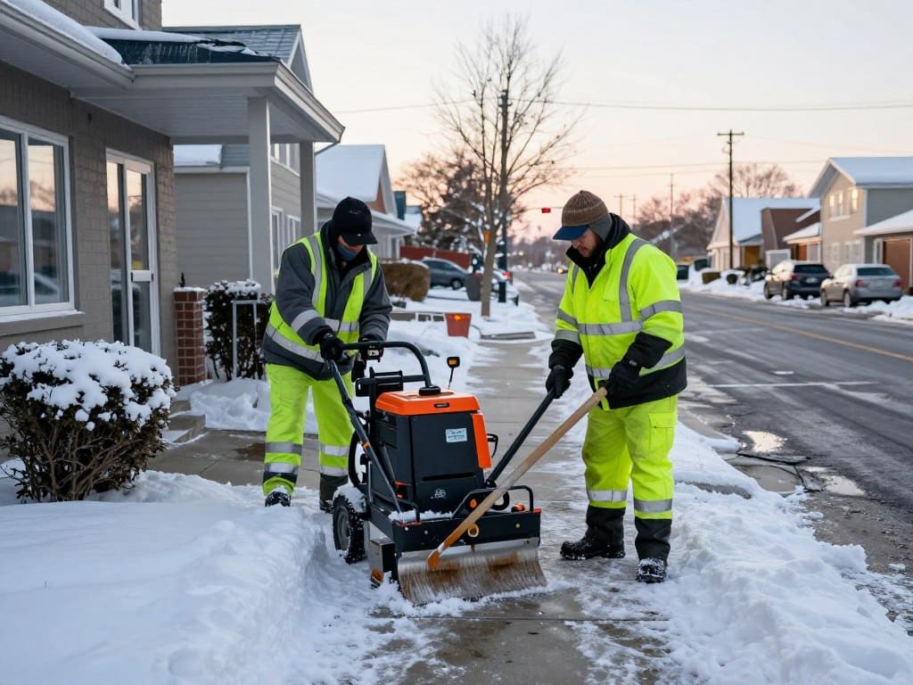 Commercial property sidewalks being cleared by professional snow removal team with specialized equipment Commercial property sidewalks being cleared by professional snow removal team with specialized equipment