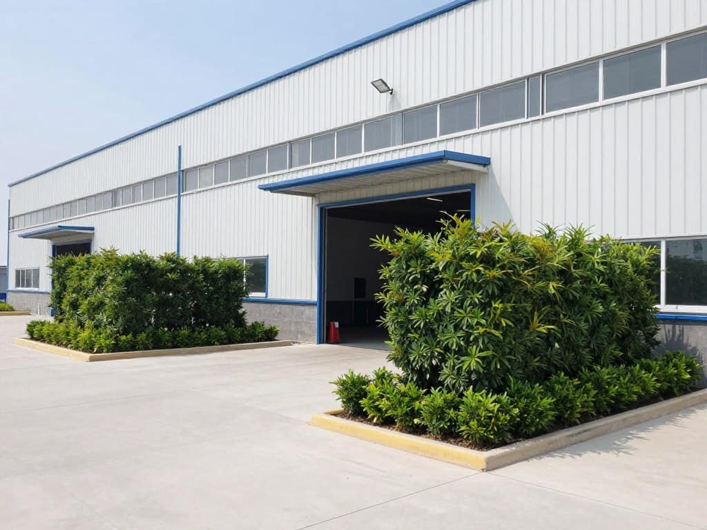 Industrial facility landscape design with low-maintenance plantings and functional outdoor space Industrial facility landscape design with low-maintenance plantings and functional outdoor space