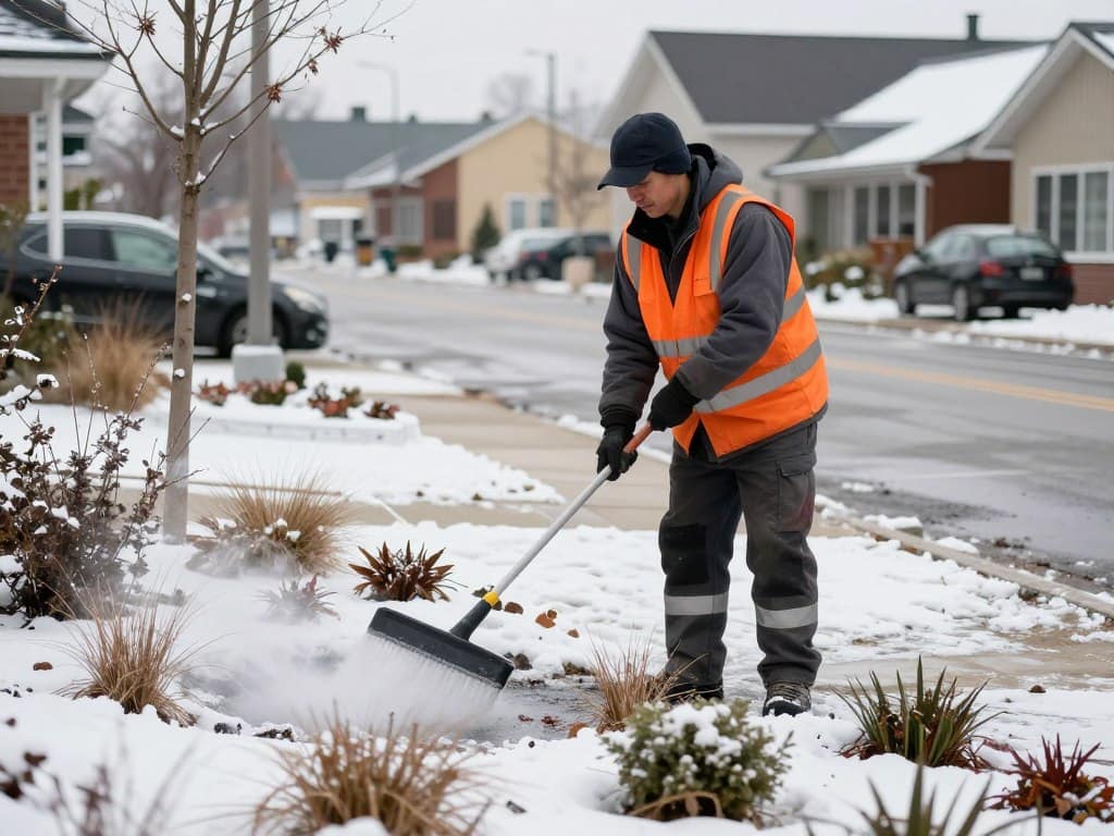 Professional applying environmentally responsible de-icing treatment near landscaped commercial area Professional applying environmentally responsible de-icing treatment near landscaped commercial area