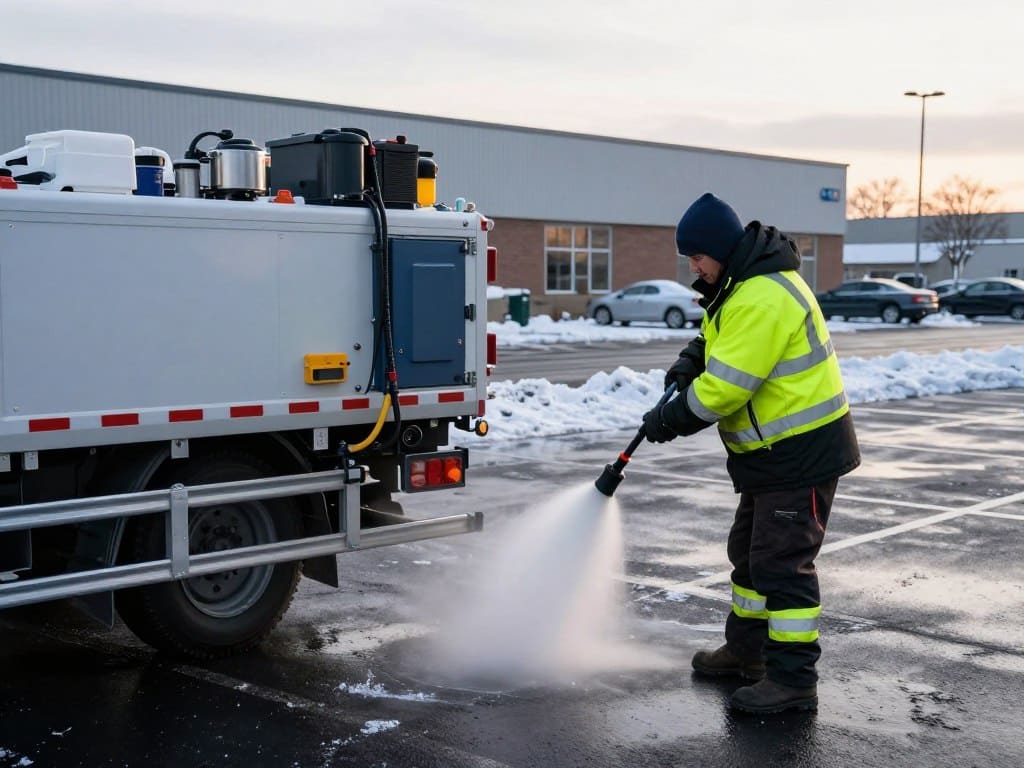 Professional crew applying pre-storm anti-icing treatment to commercial property parking lot before snowfall Professional crew applying pre-storm anti-icing treatment to commercial property parking lot before snowfall. Commercial Snow and Ice Control in Dyer