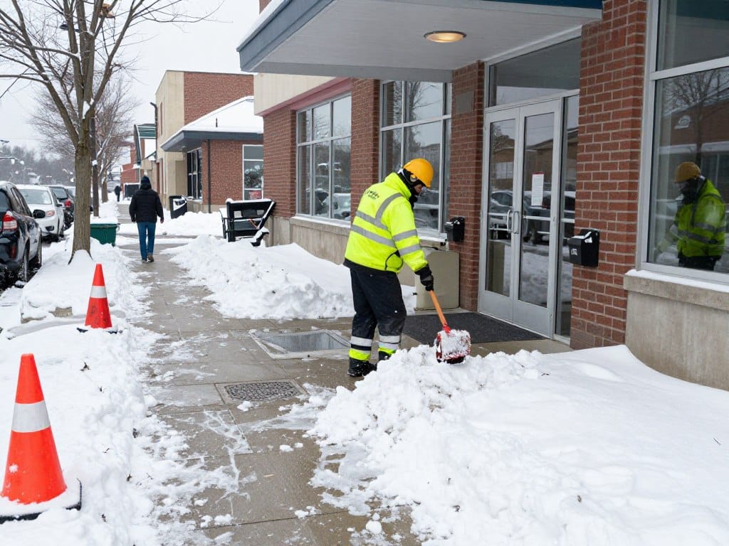 Professional snow removal team clearing commercial sidewalks and building entrances for pedestrian safety Professional snow removal team clearing commercial sidewalks and building entrances for pedestrian safety