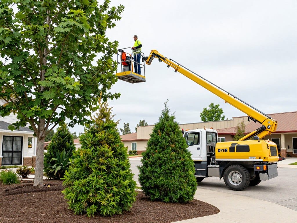 Professional tree trimming and shrub pruning at Dyer commercial property Professional tree trimming and shrub pruning at Dyer commercial property