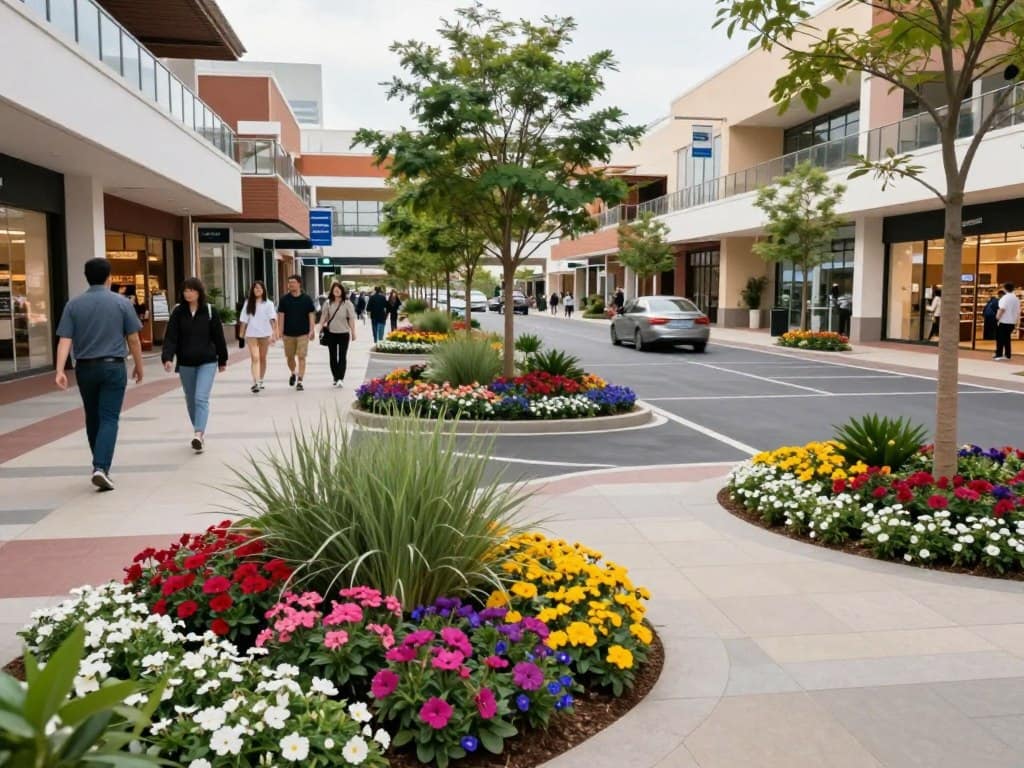 Retail shopping center landscape design with seasonal color and customer-friendly walkways Retail shopping center landscape design with seasonal color and customer-friendly walkways