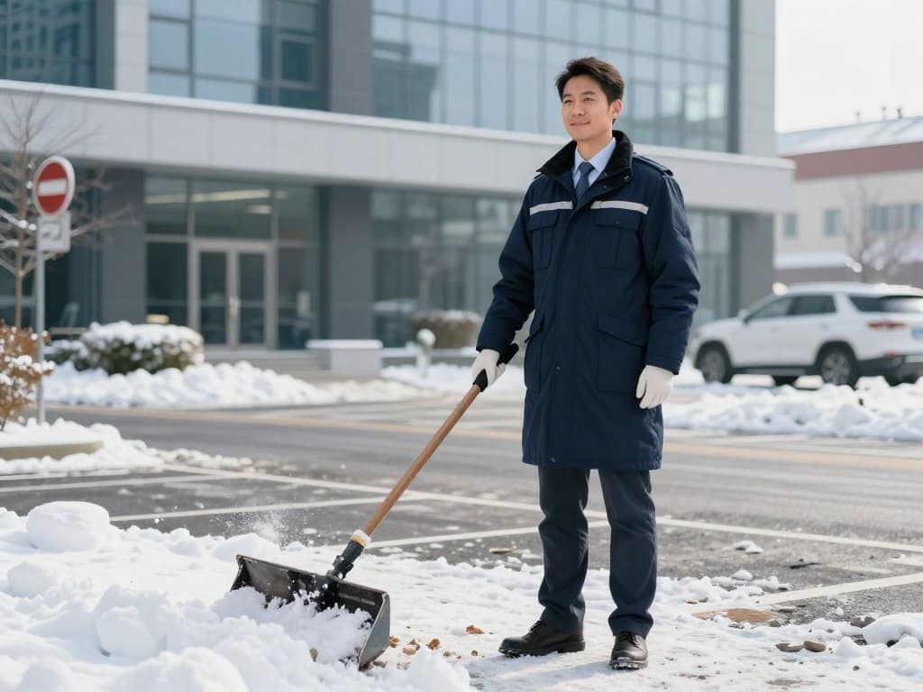 Satisfied commercial property manager reviewing cleared parking lot after professional snow removal Satisfied commercial property manager reviewing cleared parking lot after professional snow removal