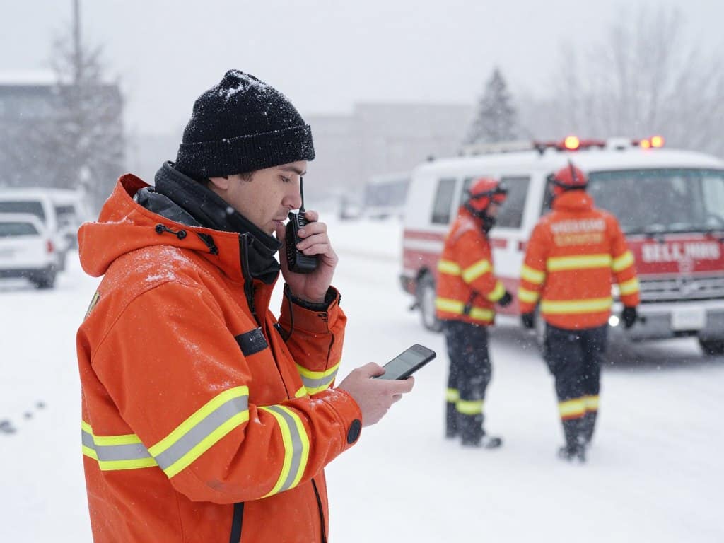 Snow removal crew coordinator providing real-time emergency storm updates via mobile communication Snow removal crew coordinator providing real-time emergency storm updates via mobile communication