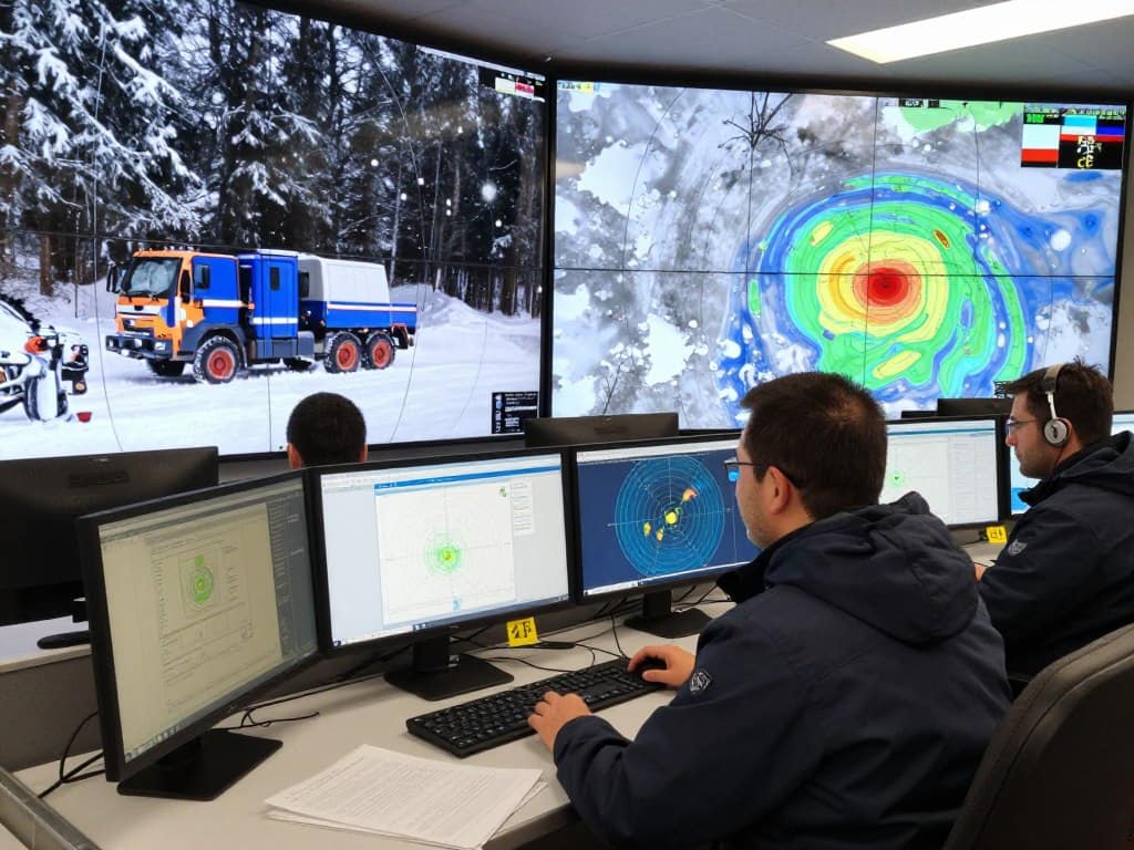Snow removal dispatch coordinator monitoring weather radar and coordinating crew deployment Snow removal dispatch coordinator monitoring weather radar and coordinating crew deployment