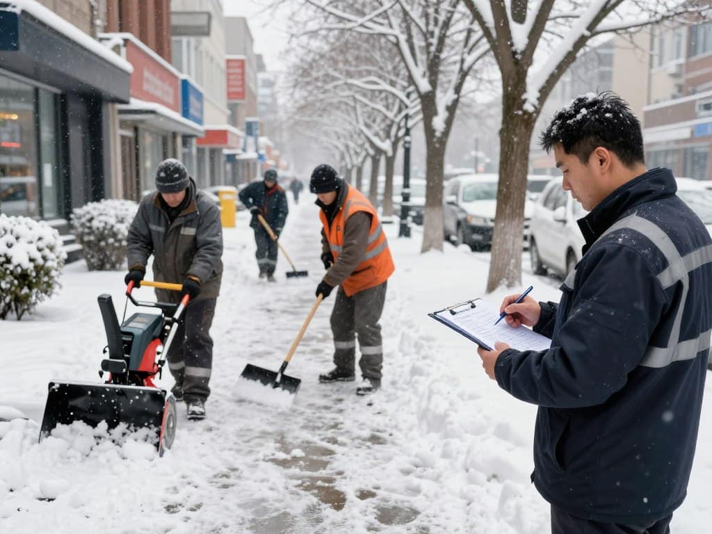 A busy urban sidewalk scene during winter, illustrating commercial snow and ice removal planning. In the foreground, a property manager in professional attire examines a snow removal plan, holding a clipboard and pen while standing next to a snowplow. In the middle ground, workers are using shovels and a snow blower to clear a snow-covered sidewalk, showcasing teamwork and efficiency. The background features snow-laden trees and storefronts, with a gentle snowfall adding to the winter atmosphere. The lighting is soft and overcast, creating a calm yet industrious mood. The composition is shot from a slightly elevated angle to capture the entire sidewalk and planning activities clearly, emphasizing the importance of proper snow removal duties in maintaining safe walkways. A busy urban sidewalk scene during winter, illustrating commercial snow and ice removal planning. In the foreground, a property manager in professional attire examines a snow removal plan, holding a clipboard and pen while standing next to a snowplow. In the middle ground, workers are using shovels and a snow blower to clear a snow-covered sidewalk, showcasing teamwork and efficiency. The background features snow-laden trees and storefronts, with a gentle snowfall adding to the winter atmosphere. The lighting is soft and overcast, creating a calm yet industrious mood. The composition is shot from a slightly elevated angle to capture the entire sidewalk and planning activities clearly, emphasizing the importance of proper snow removal duties in maintaining safe walkways.