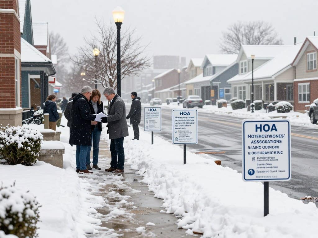 A detailed urban scene depicting a snowy commercial area and a homeowners' association (HOA) setting, showcasing town-specific snow ice rules in a visually engaging way. In the foreground, a small group of people in professional business attire meticulously reviews a snowy pathway, emphasizing compliance with the snow regulations. In the middle ground, snow-covered sidewalks and driveways are lined with clear signage indicating plowing norms and safety guidelines. The background features quaint town buildings with covered roofs, street lights casting a warm glow, and gentle snowflakes falling, adding to the tranquil winter atmosphere. The scene is captured with soft, diffused lighting, shot at a slight angle to create depth, evoking a sense of community responsibility and winter charm. A detailed urban scene depicting a snowy commercial area and a homeowners' association (HOA) setting, showcasing town-specific snow ice rules in a visually engaging way. In the foreground, a small group of people in professional business attire meticulously reviews a snowy pathway, emphasizing compliance with the snow regulations. In the middle ground, snow-covered sidewalks and driveways are lined with clear signage indicating plowing norms and safety guidelines. The background features quaint town buildings with covered roofs, street lights casting a warm glow, and gentle snowflakes falling, adding to the tranquil winter atmosphere. The scene is captured with soft, diffused lighting, shot at a slight angle to create depth, evoking a sense of community responsibility and winter charm.