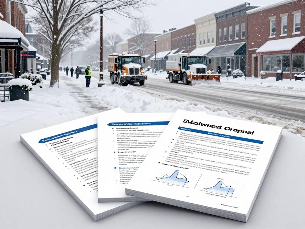 A detailed winter compliance guide on snow removal ordinances, showcasing a sleek, professional layout, set against a backdrop of a serene snowy landscape in Northwest Indiana. In the foreground, a neatly arranged stack of compliance documents with bullet points and charts, visually summarizing the 2-inch snowfall rule. The middle ground features a busy town street cleared of snow, with snow removal vehicles and workers in professional attire methodically clearing sidewalks and roadways. In the background, softly falling snowflakes create a tranquil ambiance, while a few trees dusted with snow frame the scene. The lighting is soft and natural, evoking a calm winter day, captured with a wide-angle lens to emphasize both the compliance materials and the snow removal efforts. A detailed winter compliance guide on snow removal ordinances, showcasing a sleek, professional layout, set against a backdrop of a serene snowy landscape in Northwest Indiana. In the foreground, a neatly arranged stack of compliance documents with bullet points and charts, visually summarizing the 2-inch snowfall rule. The middle ground features a busy town street cleared of snow, with snow removal vehicles and workers in professional attire methodically clearing sidewalks and roadways. In the background, softly falling snowflakes create a tranquil ambiance, while a few trees dusted with snow frame the scene. The lighting is soft and natural, evoking a calm winter day, captured with a wide-angle lens to emphasize both the compliance materials and the snow removal efforts.