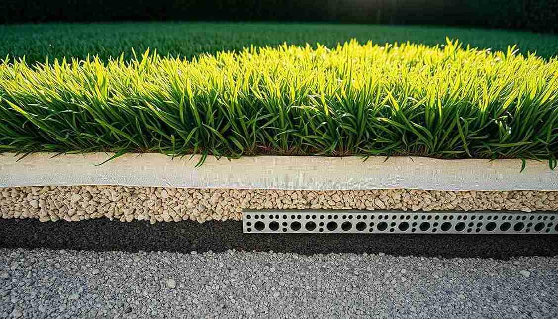 A grassy space with a concrete curb and drainage, optimized for artificial turf installation and water flow management.