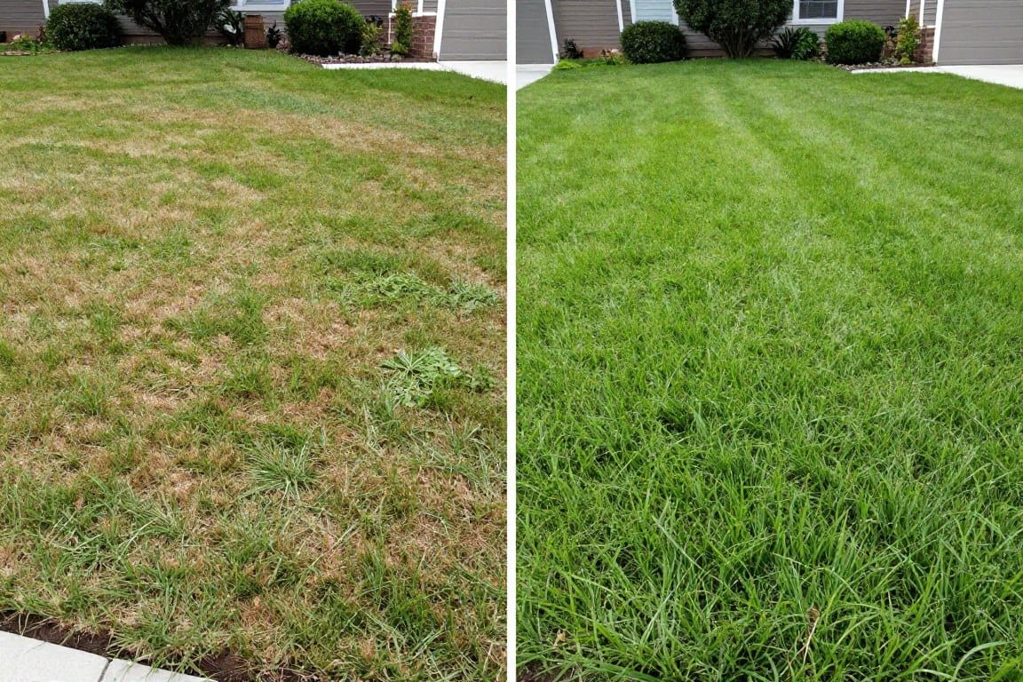 Before and after comparison of lawn showing improvement after dethatching service in Dyer Before and after comparison of lawn showing improvement after dethatching service in Dyer