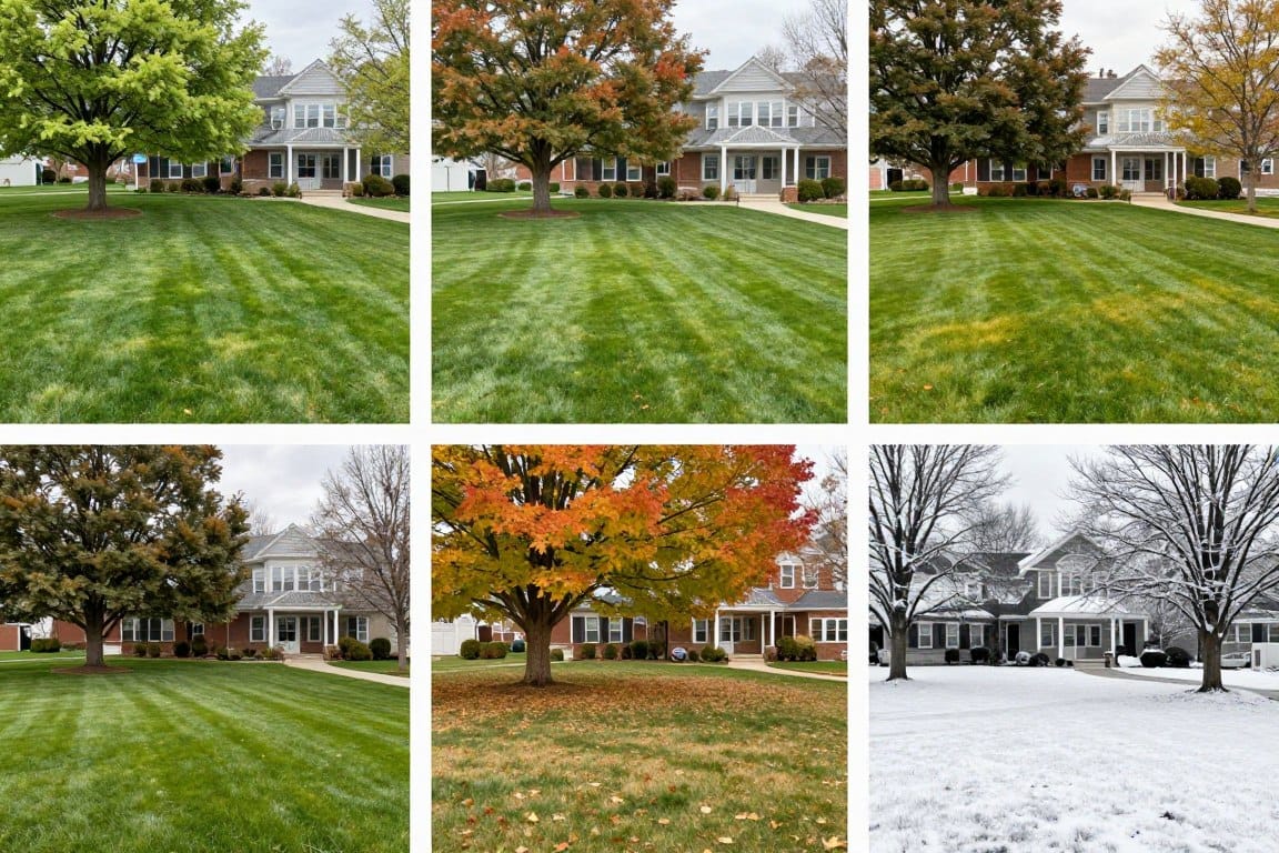 Year-round lawn care showing seasonal services and property maintenance Year-round lawn care showing seasonal services and property maintenance