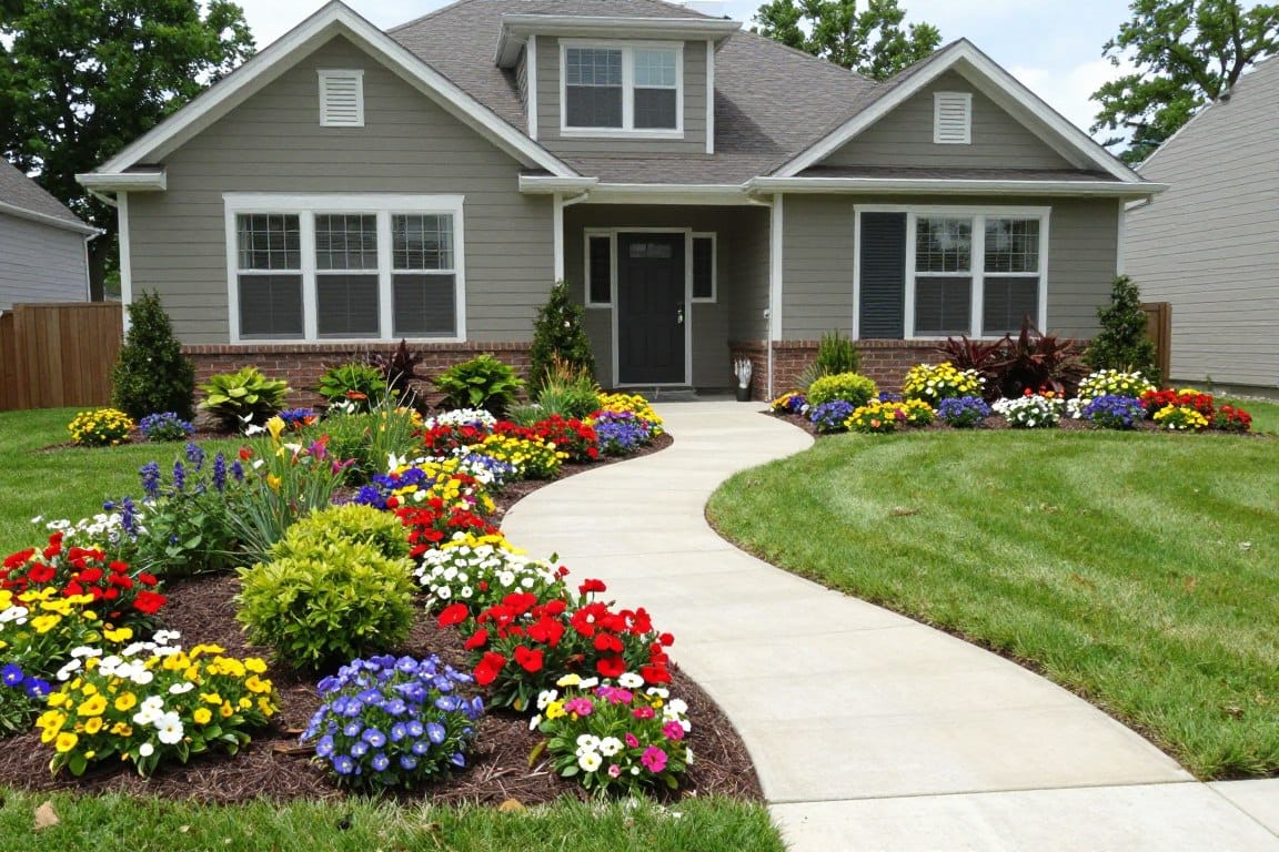 Beautiful residential landscape design in Dyer with flower beds and walkway Beautiful residential landscape design in Dyer with flower beds and walkway