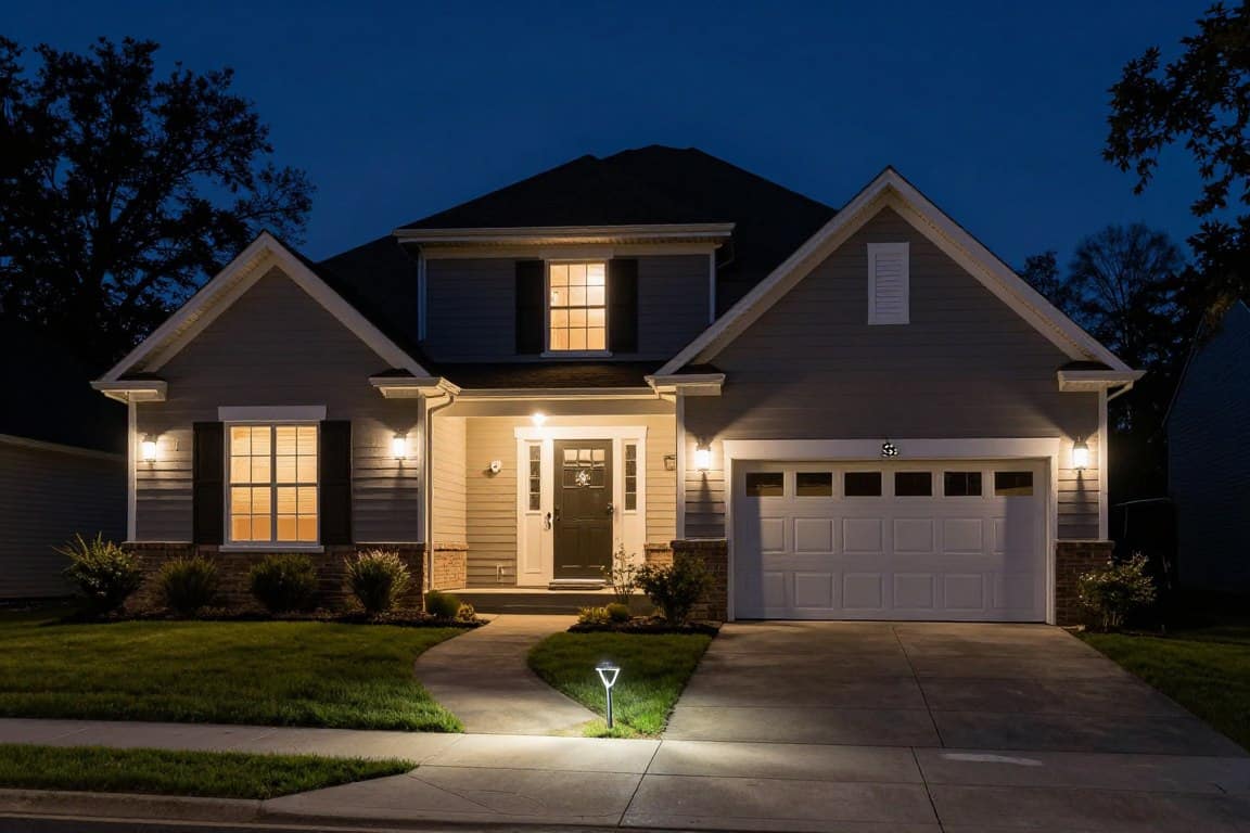 Security-focused outdoor LED lighting protecting Dyer residential property at night Security-focused outdoor LED lighting protecting Dyer residential property at night