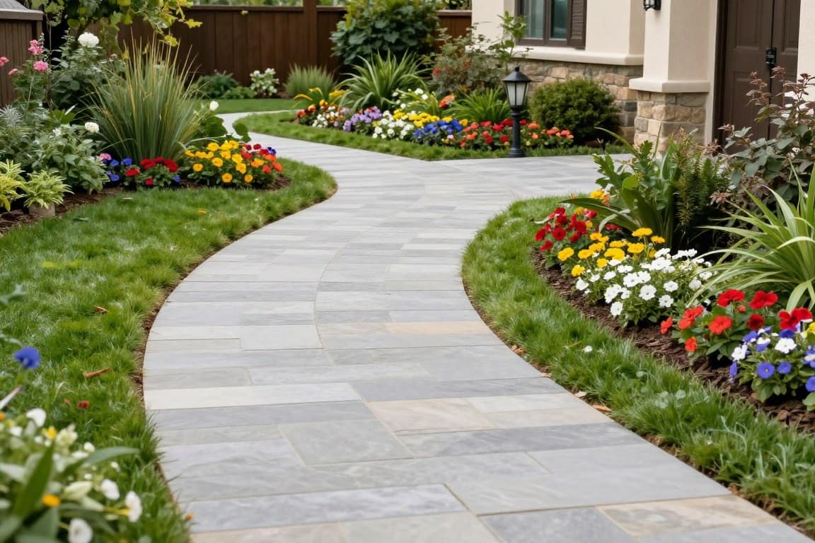 Stone walkway installation leading through landscaped garden Stone walkway installation leading through landscaped garden