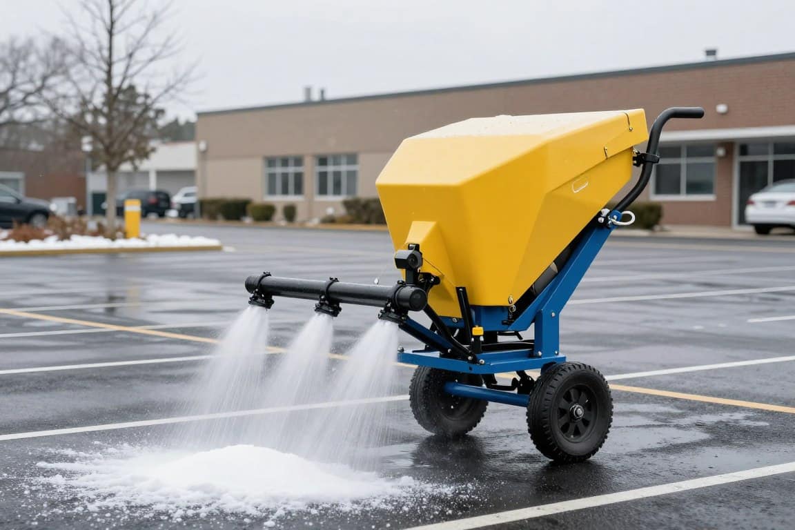Calibrated salt spreader applying precise de-icing material to commercial parking lot Calibrated salt spreader applying precise de-icing material to commercial parking lot