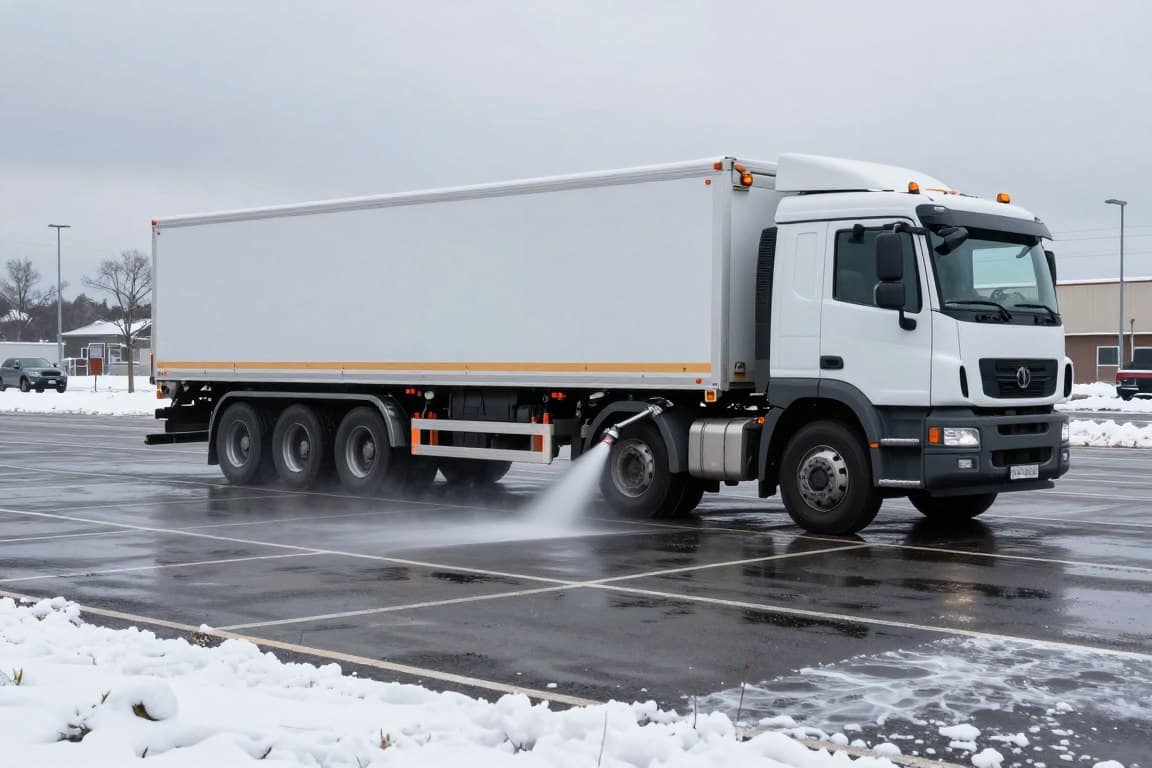Commercial property receiving pre-storm liquid anti-icing treatment application before snowfall Commercial property receiving pre-storm liquid anti-icing treatment application before snowfall